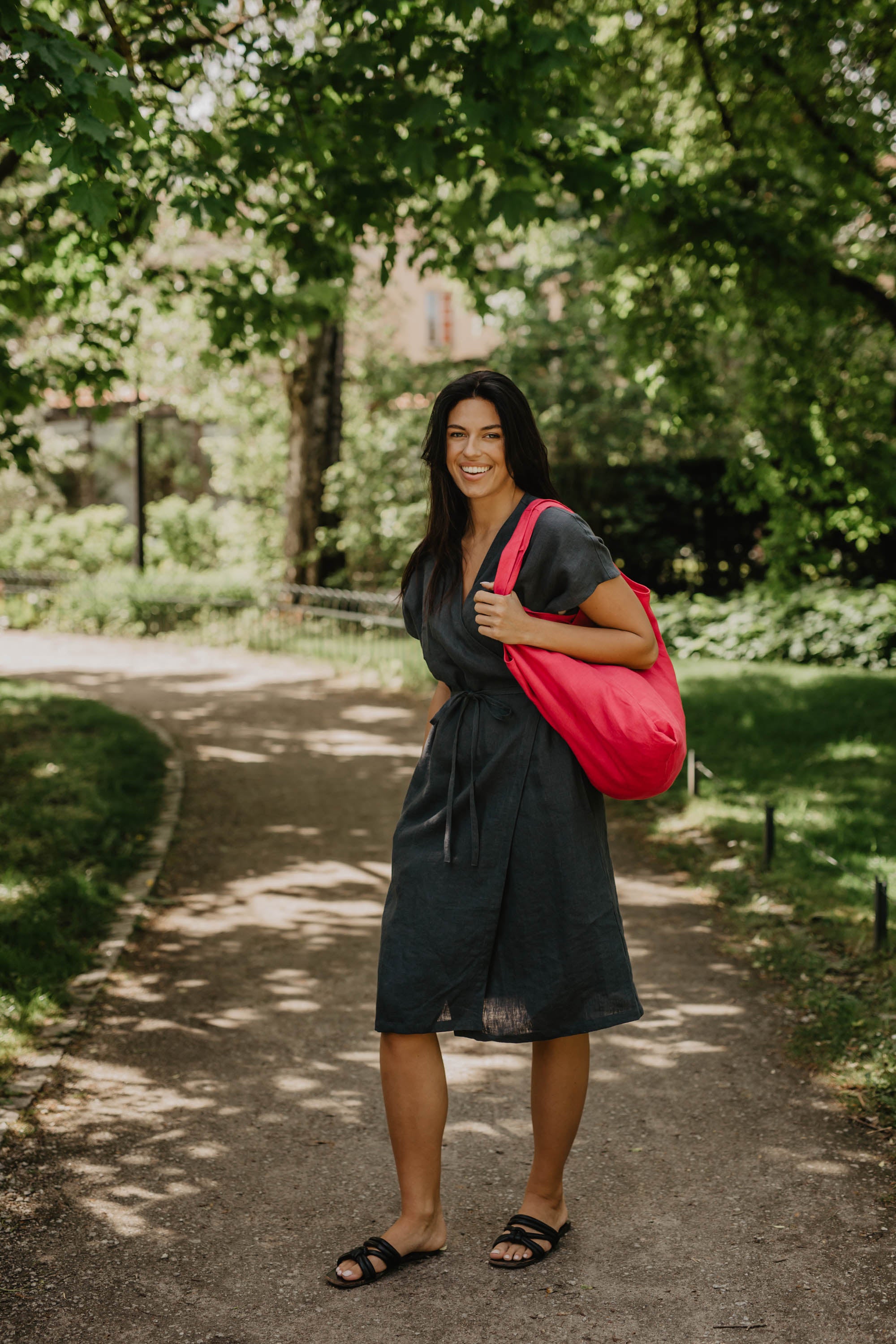 Woman In A Park With A Magenta Red Linen Tote Bag By Amourlinen