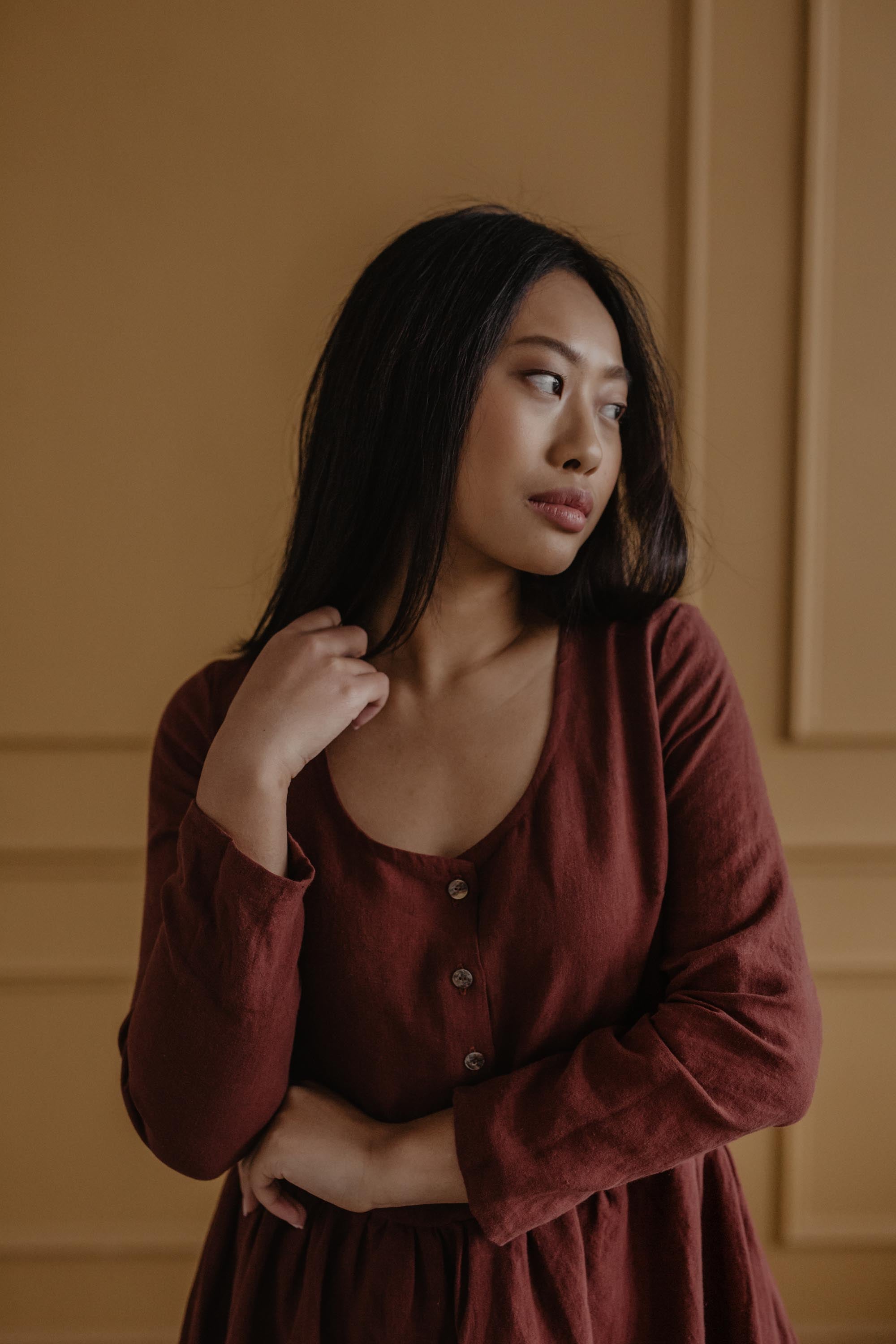 Lapland mid length linen dress in Terracotta