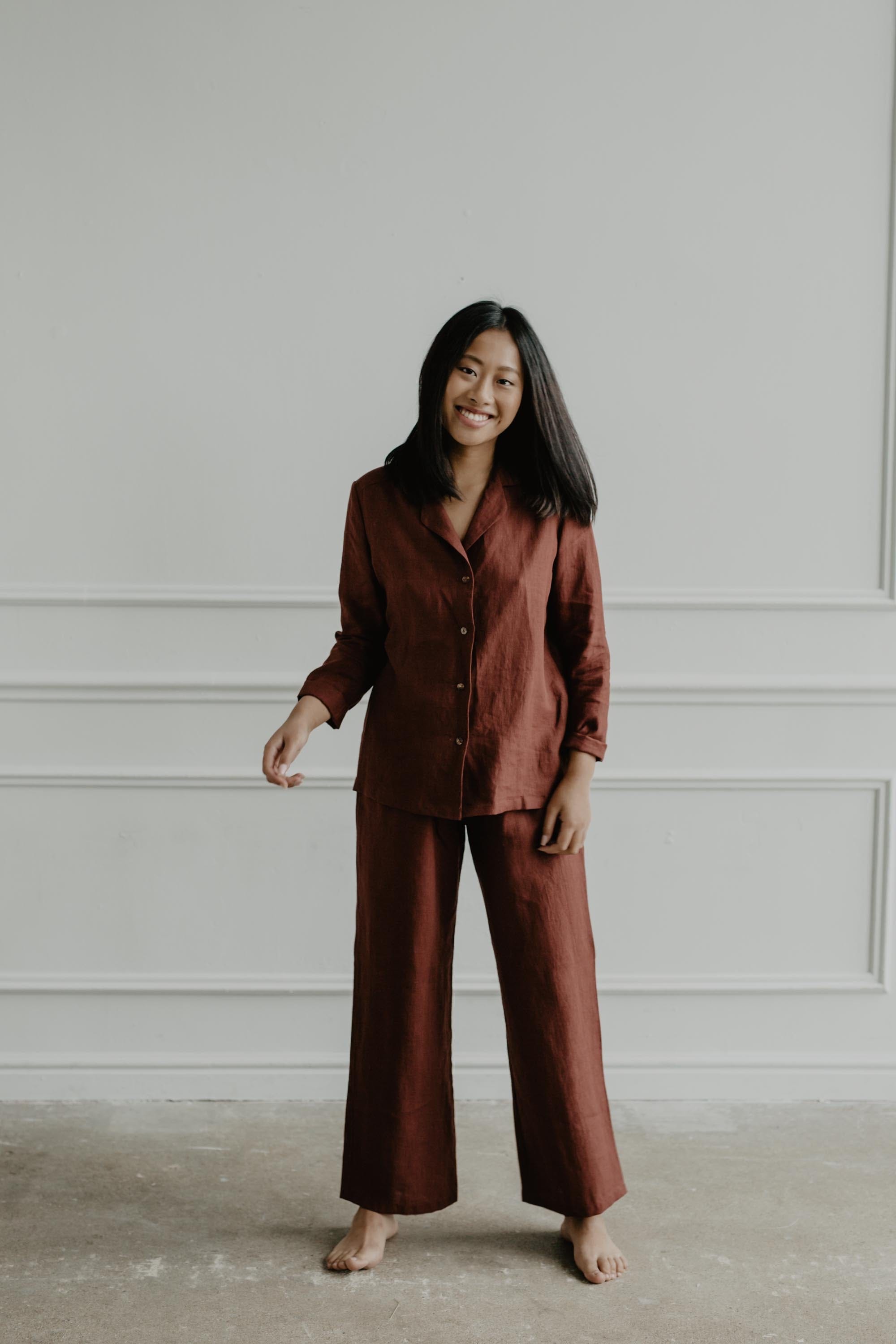 AmourLinen Linen pajama set M / Terracotta Long sleeve pajama set Nightly M Terracotta Long sleeve pajama set Nightly M Terracotta