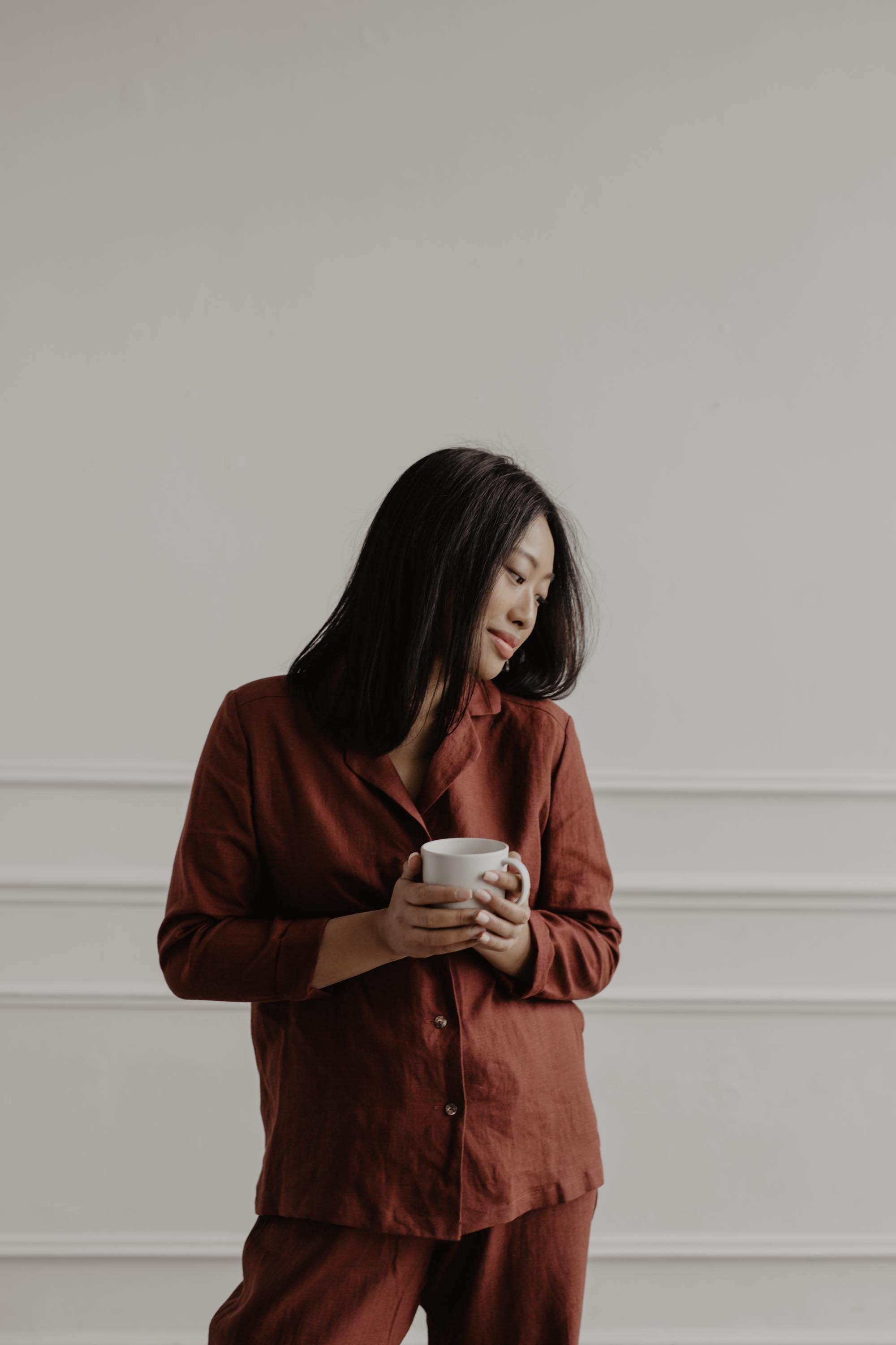 AmourLinen Linen pajama set M / Terracotta Long sleeve pajama set Nightly M Terracotta Long sleeve pajama set Nightly M Terracotta