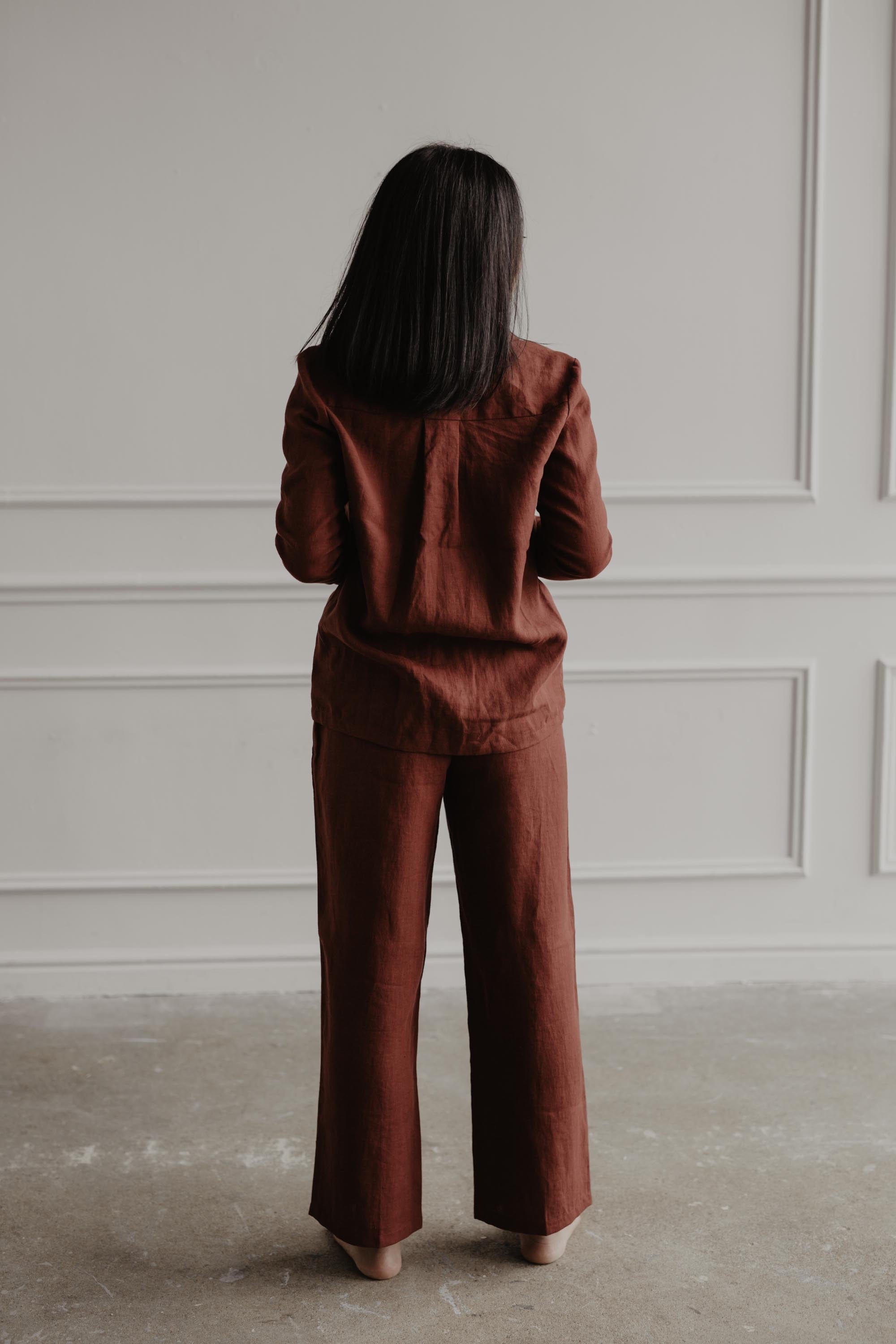 AmourLinen Linen pajama set M / Terracotta Long sleeve pajama set Nightly M Terracotta Long sleeve pajama set Nightly M Terracotta