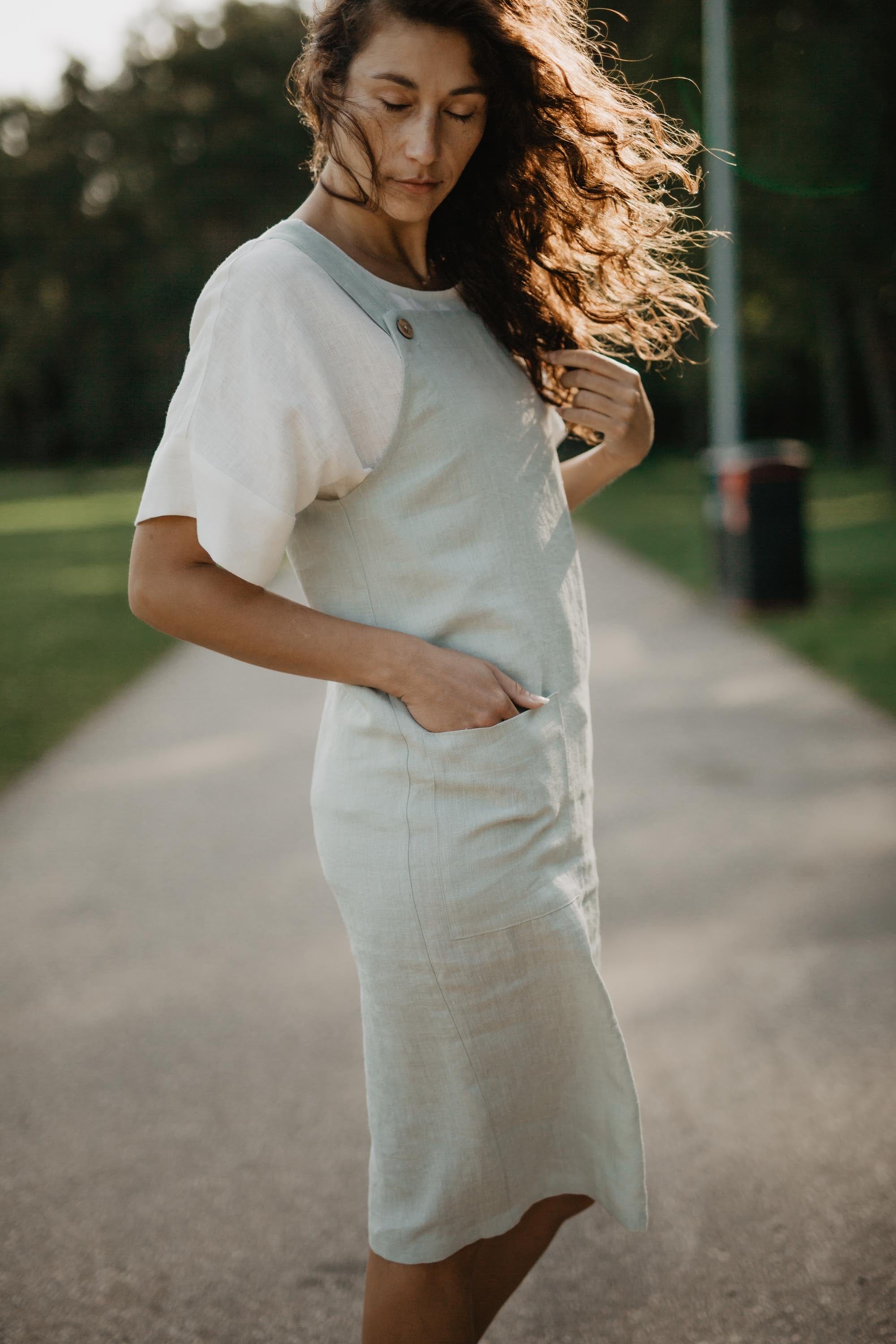 Linen apron dress JADE S Sage Green