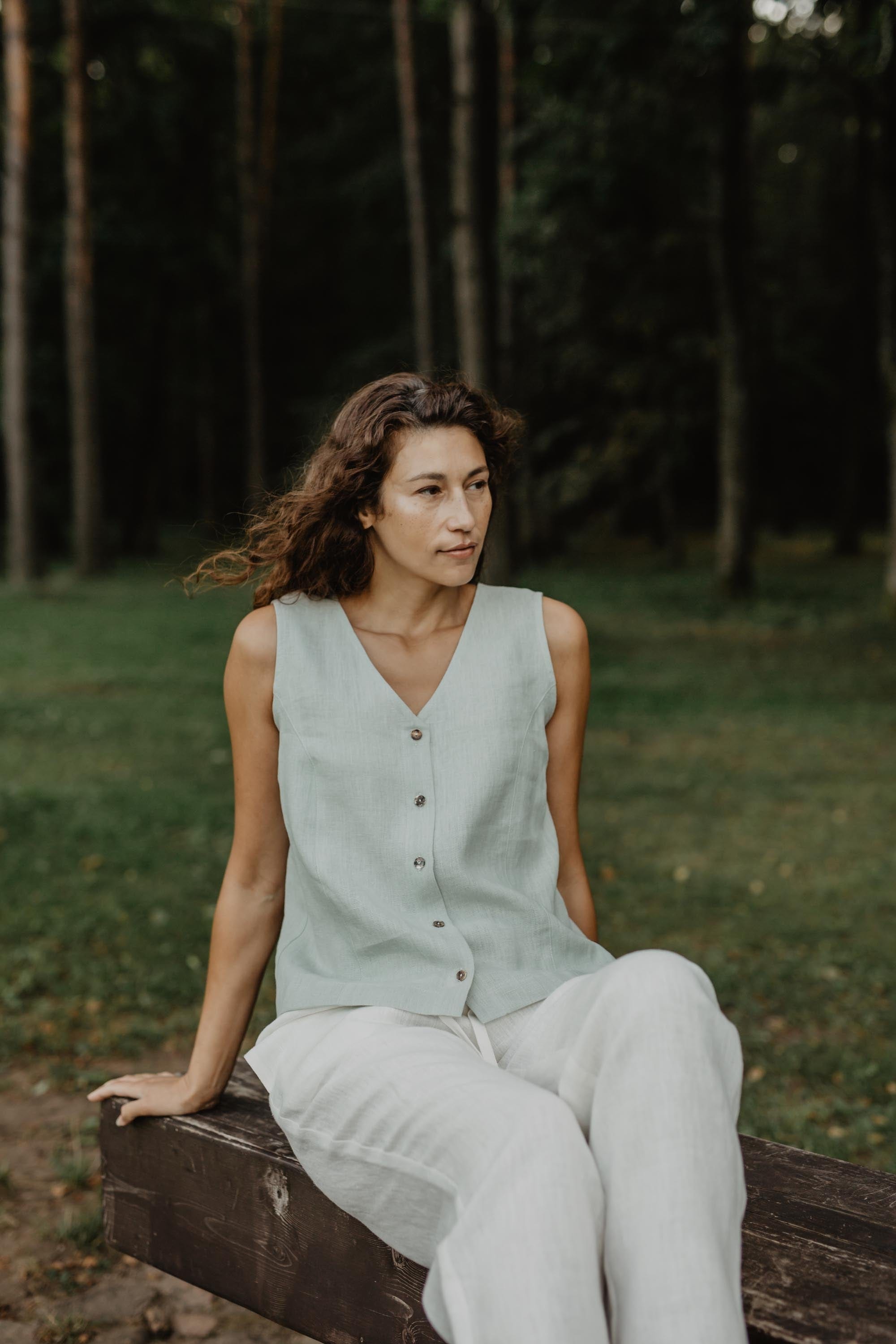 Linen button top Tunis S Sage Green