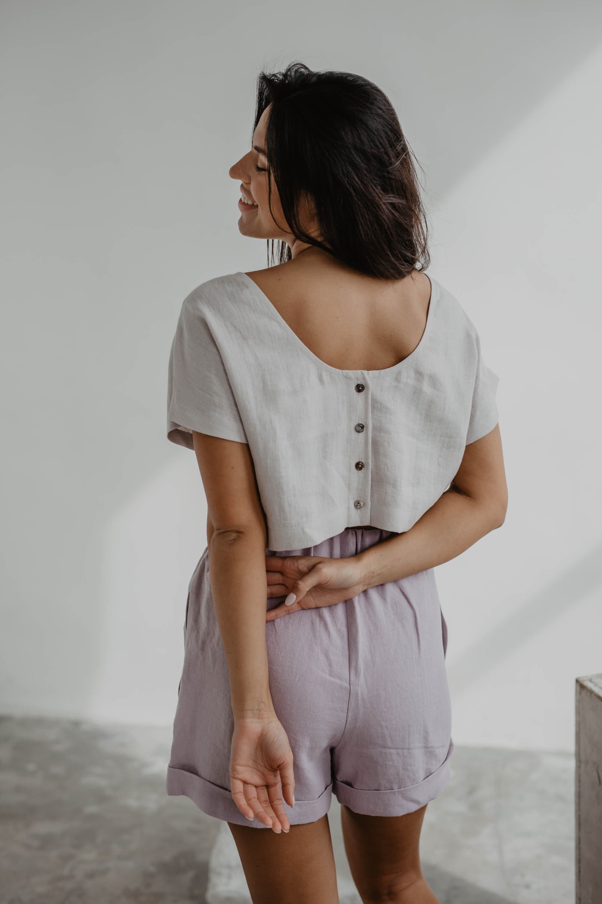 Linen crop top with buttons LISA S White