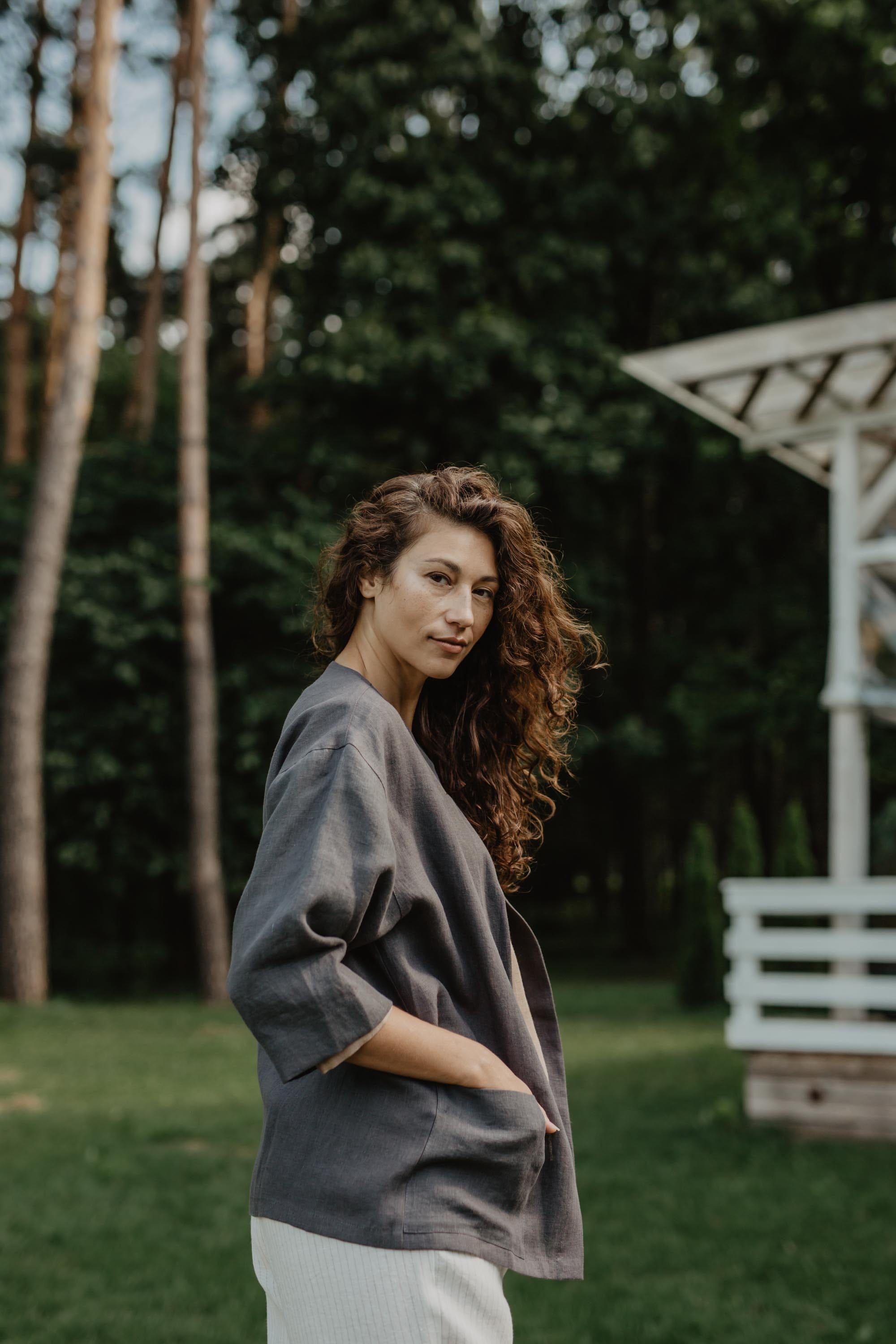 AmourLinen Linen tops L / Charcoal Linen oversized jacket Kyiv L Charcoal Linen oversized jacket Kyiv L Charcoal