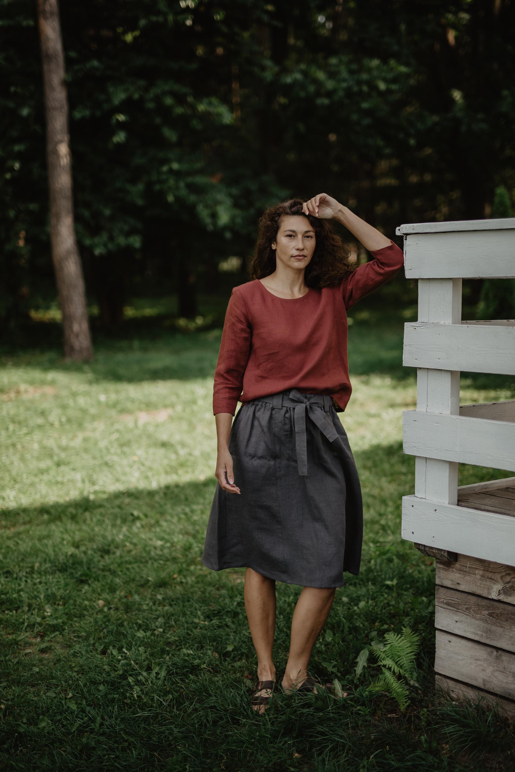 Riga linen top 3/4 sleeves XS/S Terracotta