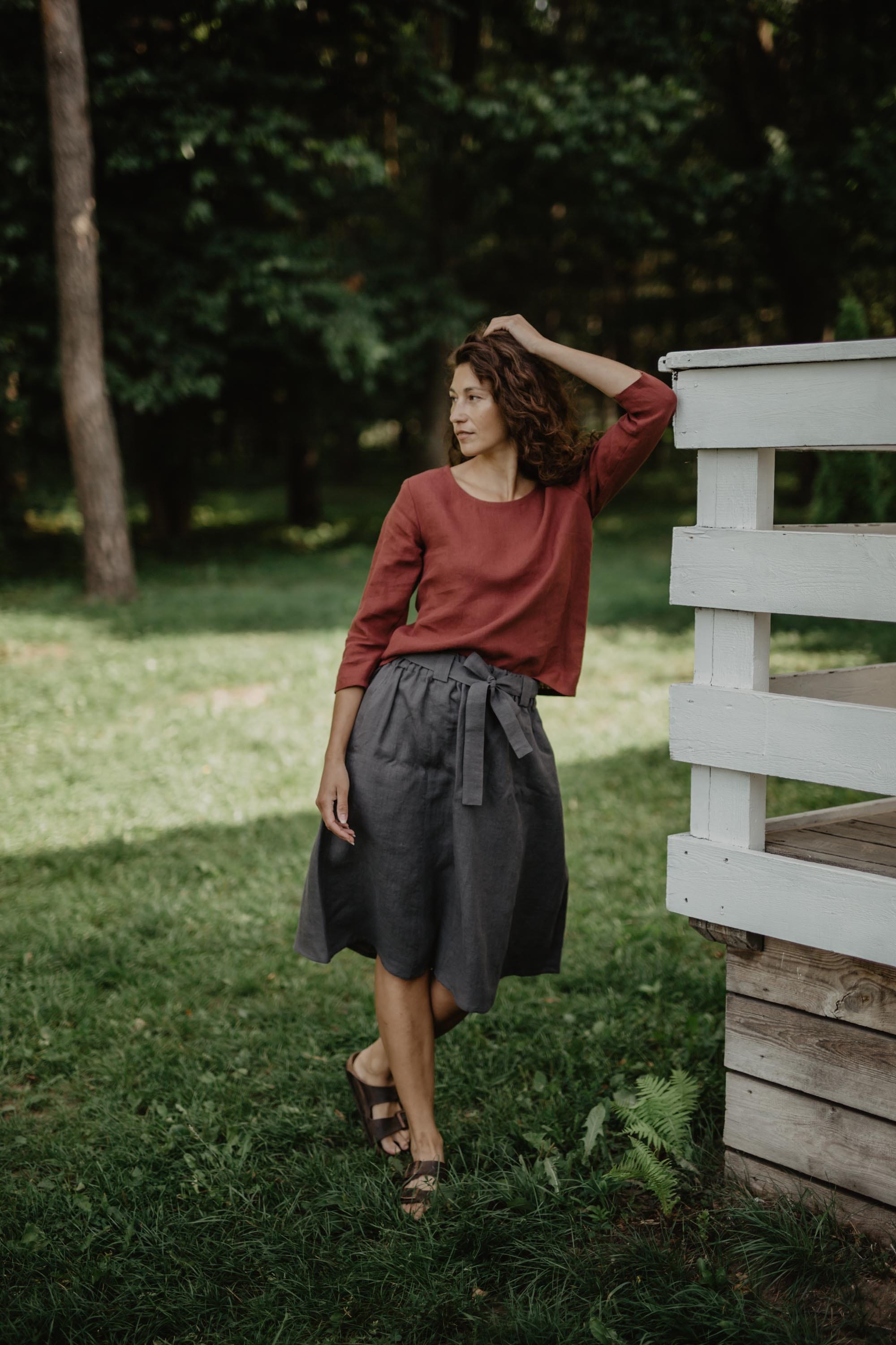 Riga linen top 3/4 sleeves XS/S Terracotta