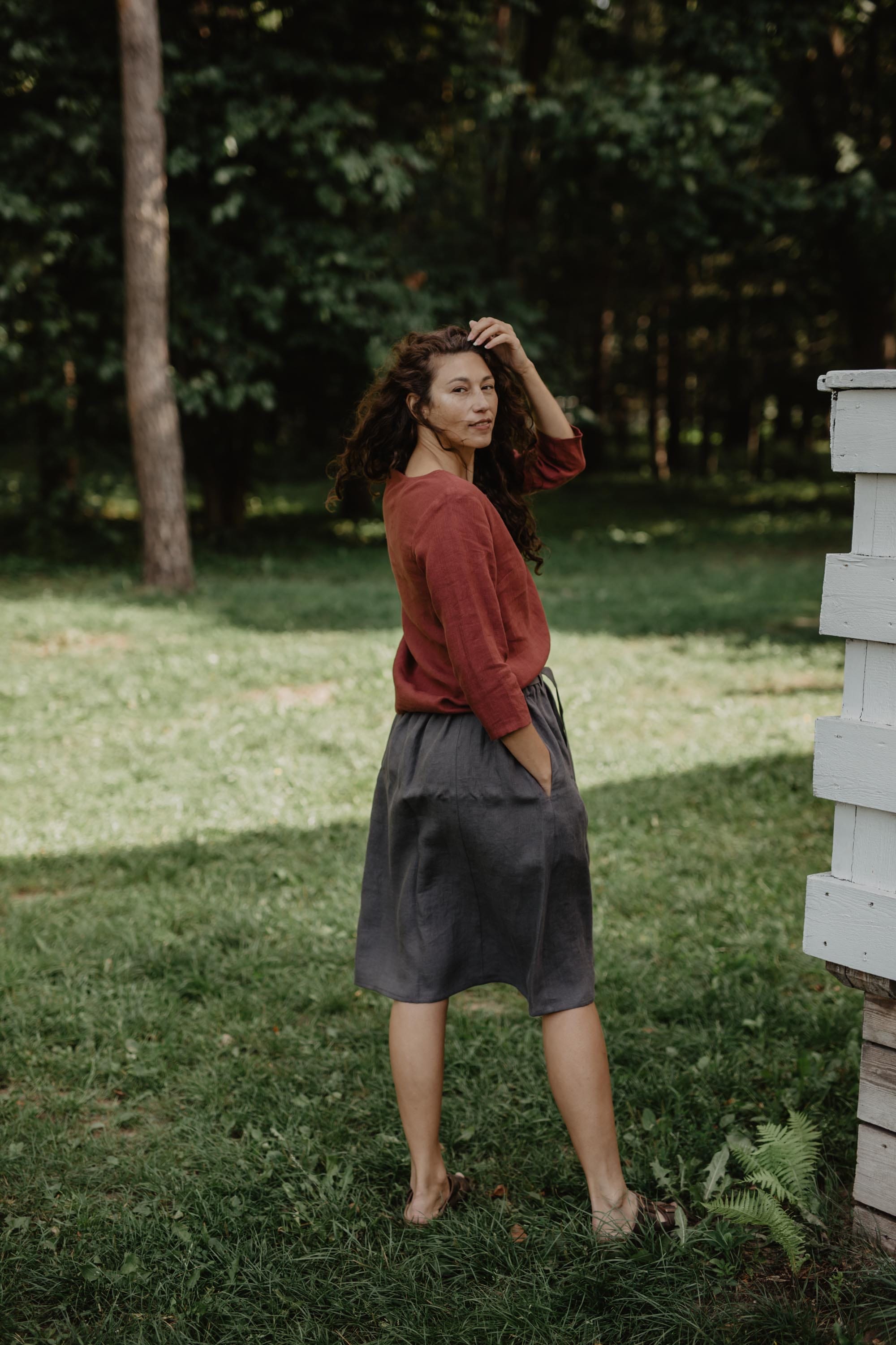 Riga linen top 3/4 sleeves XS/S Terracotta
