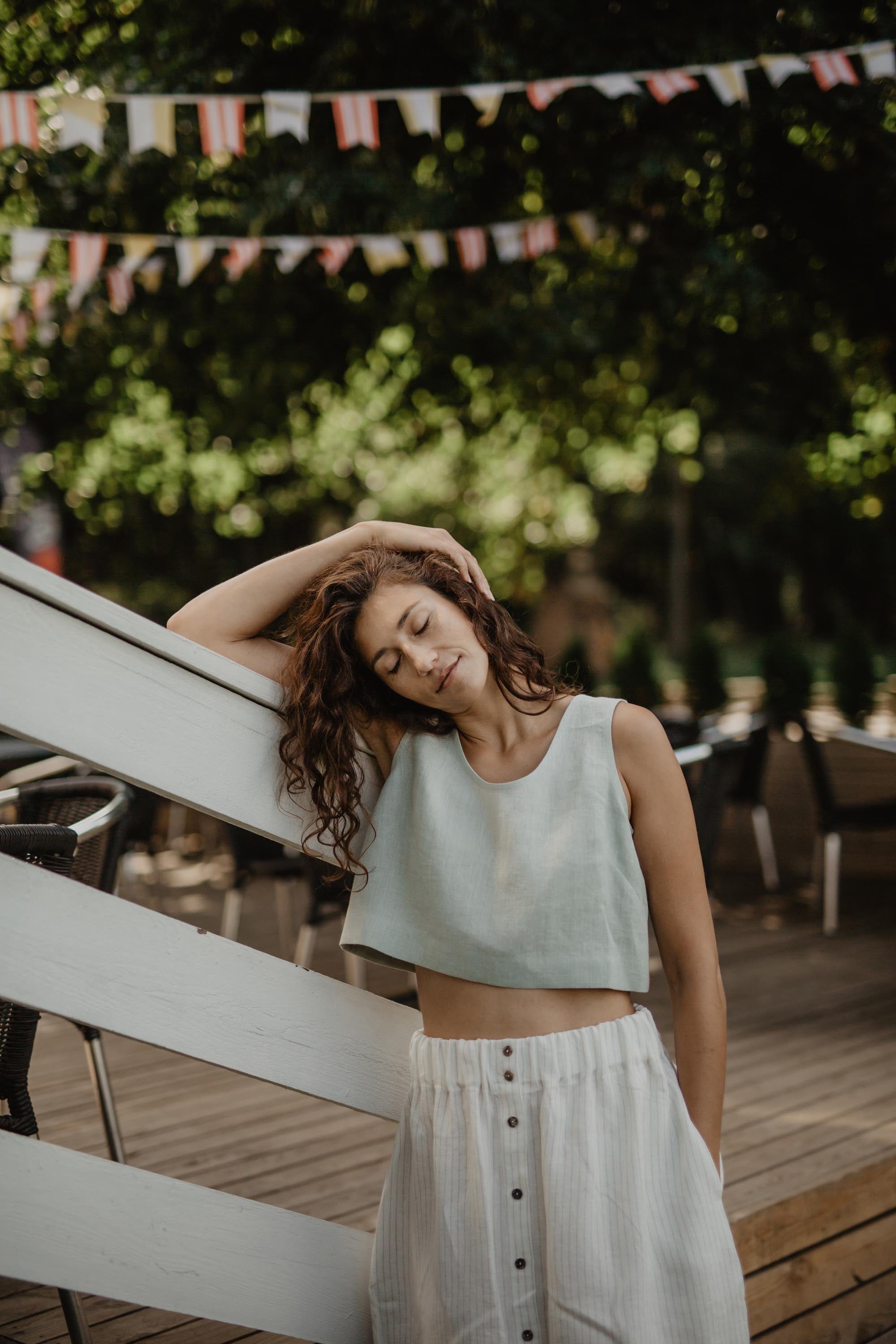 Mini linen crop top PIPPA S Sage Green