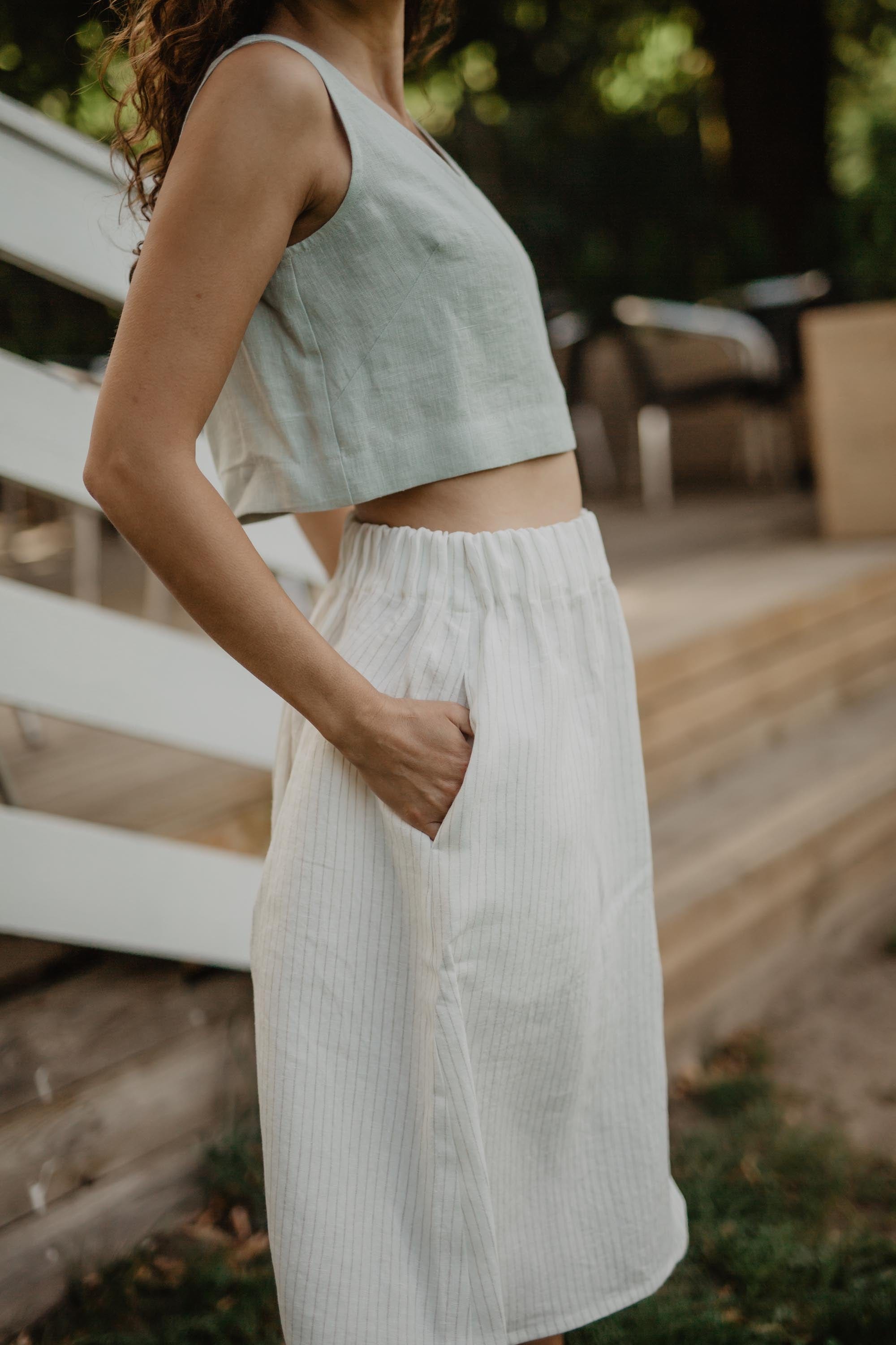 Mini linen crop top PIPPA S Sage Green