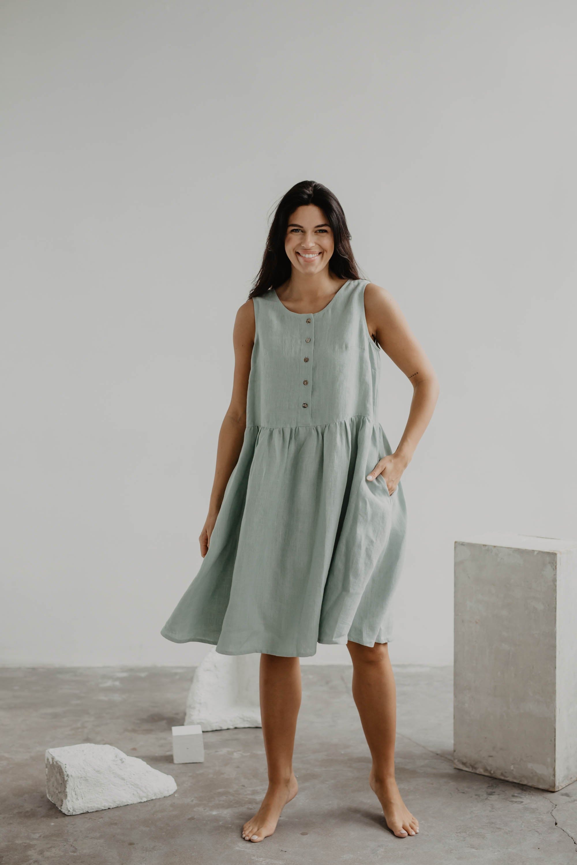 Linen sleeveless summer dress HAZEL S Sage Green