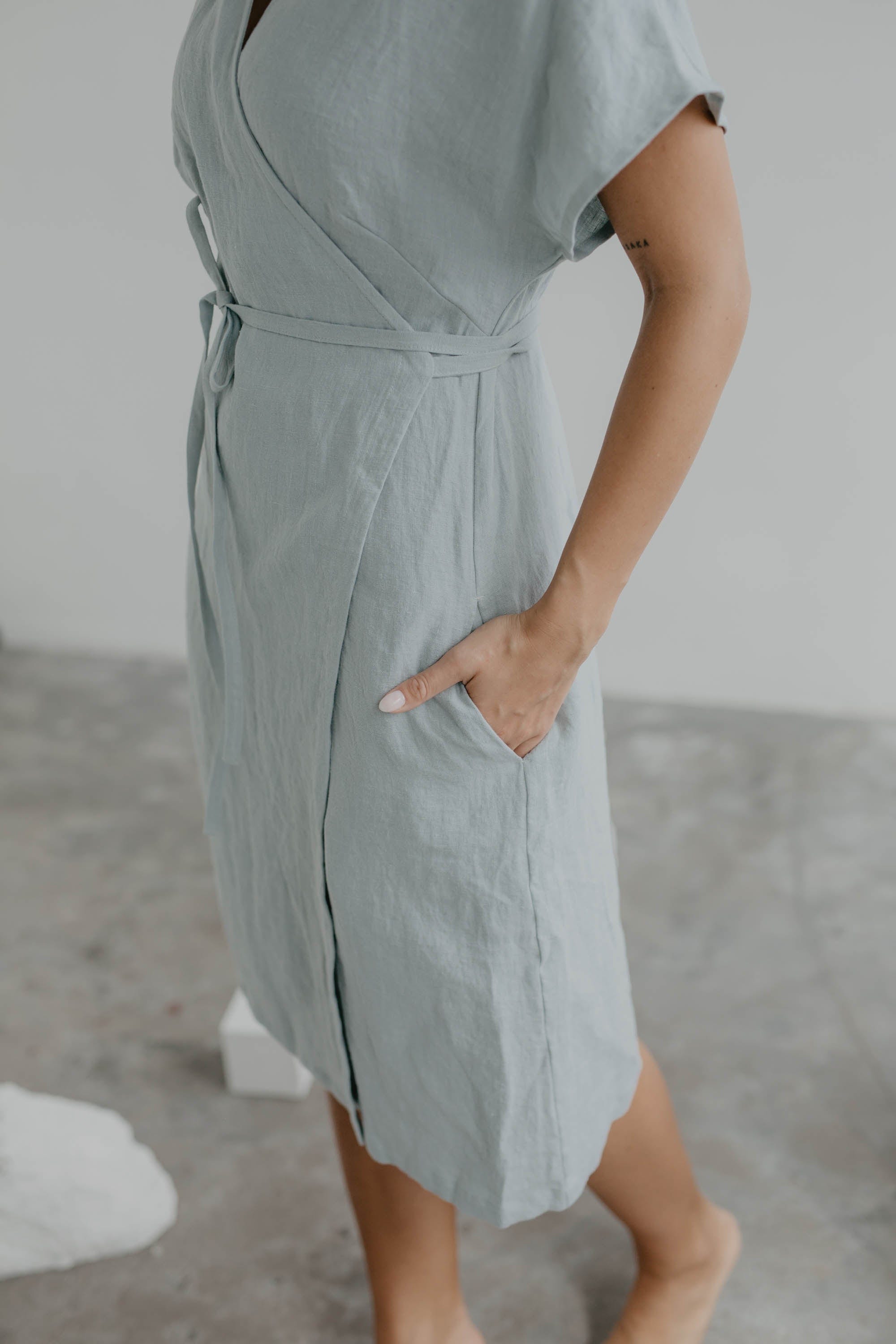 Linen wrap dress OLIVIA Size 2 Sage Green
