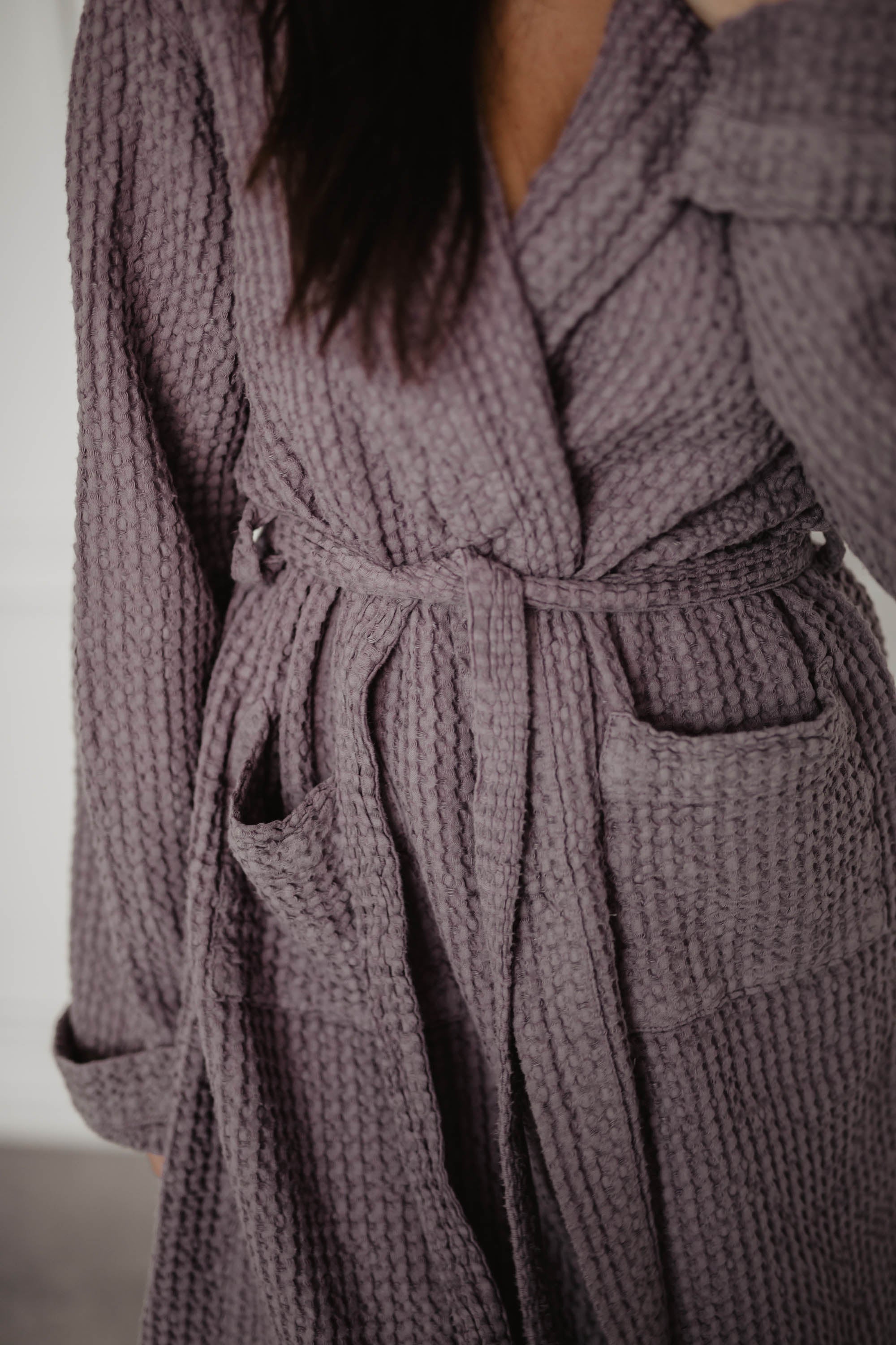 Close Up Of Dusty Lavender Linen Waffle Bathrobe