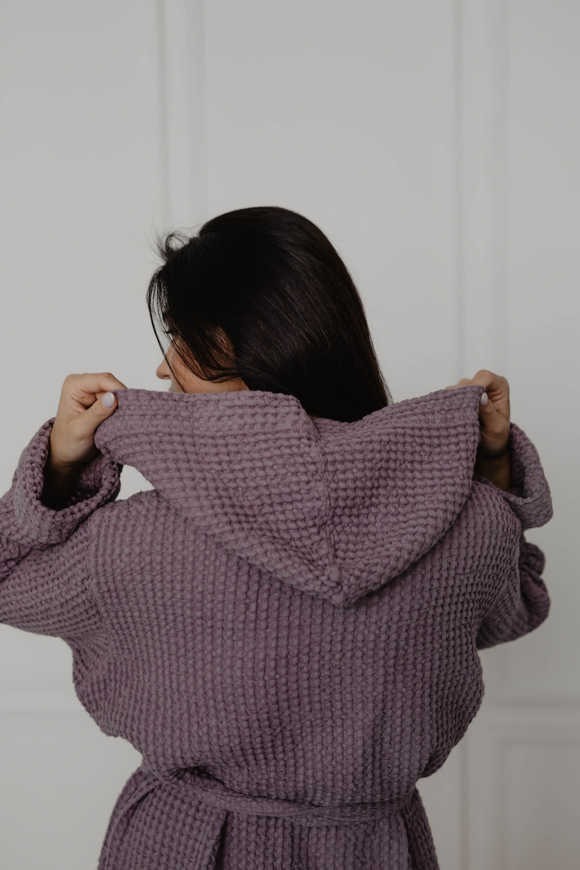 Back Close Up Of Dusty Lavender Linen Waffle Bathrobe