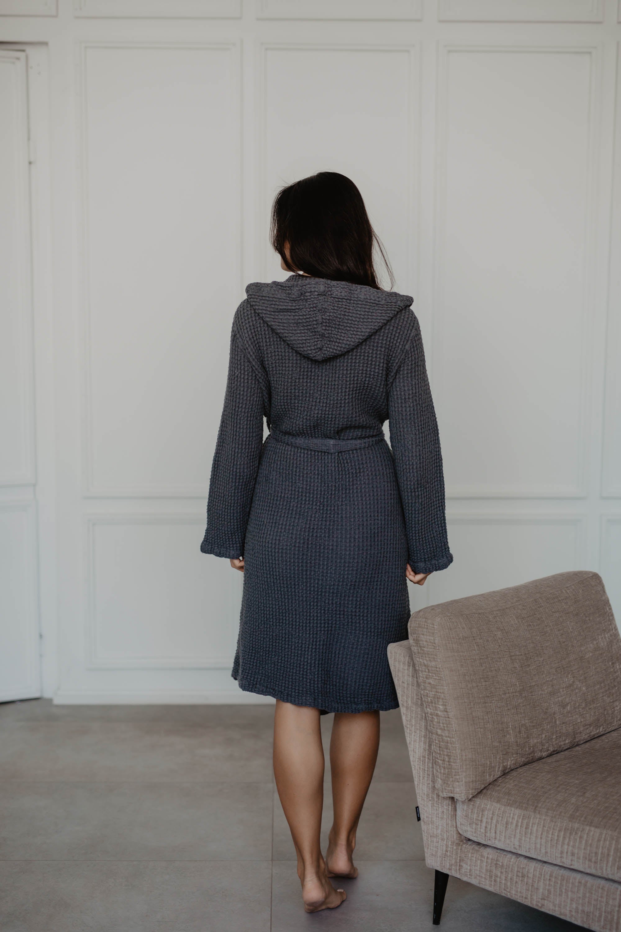 Woman Facing Back Wearing A Dark Linen Waffle Bathrobe By AmourLinen