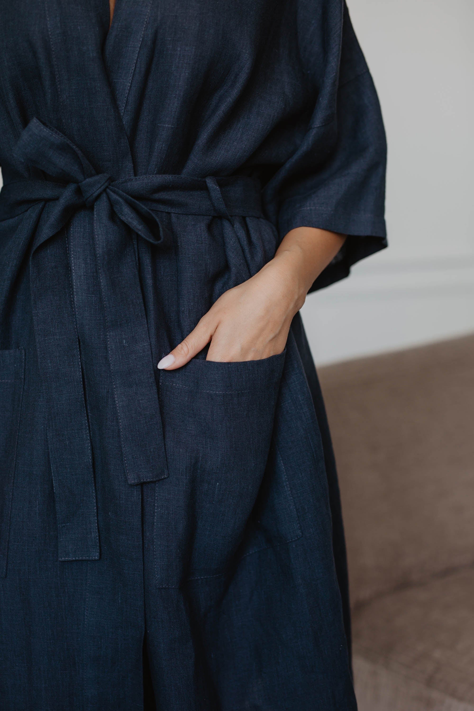 Close Up Of Dark Linen Bathrobe By AmourLinen