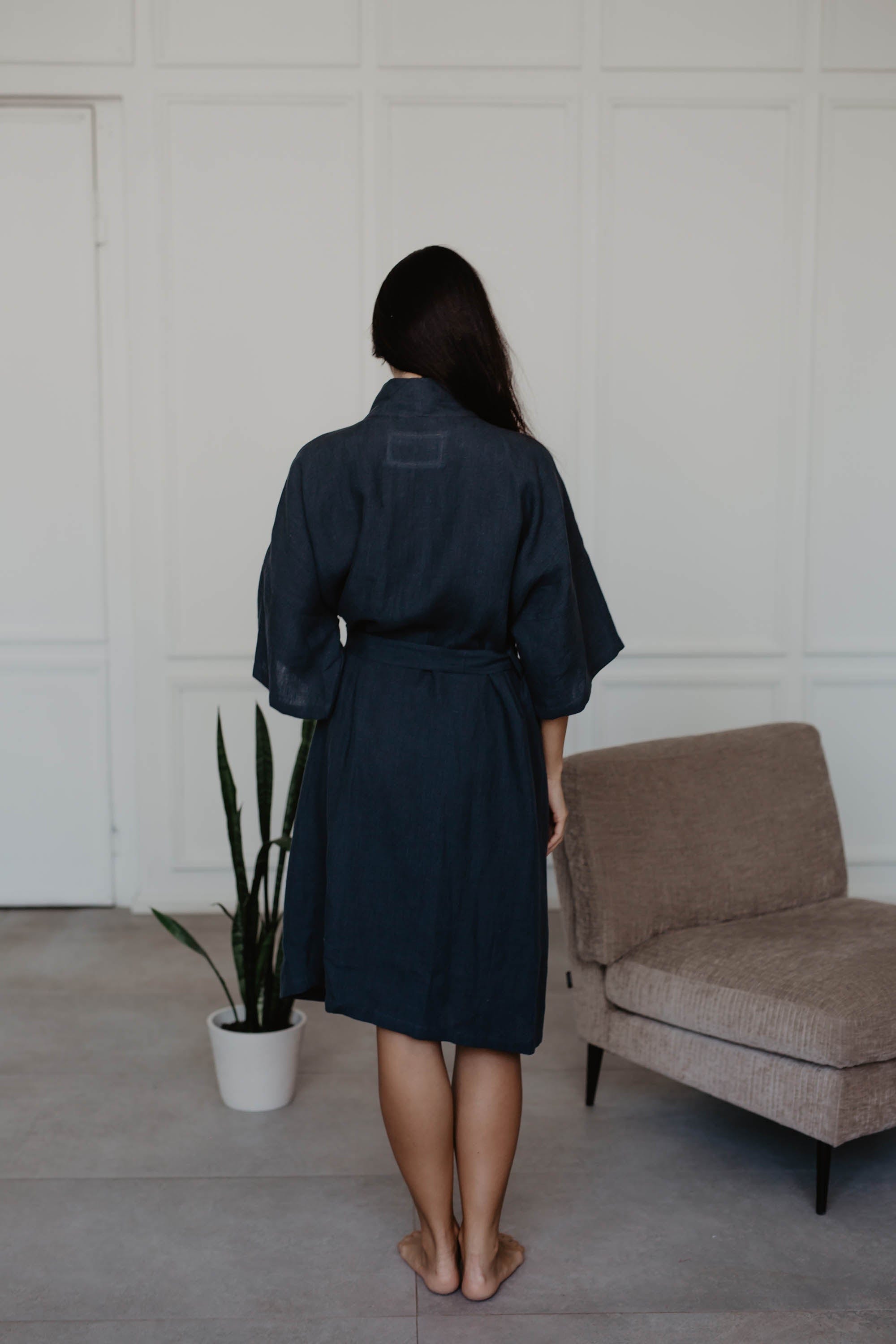 Woman Facing Back Wearing a Charcoal Linen Bathrobe By AmourLinen