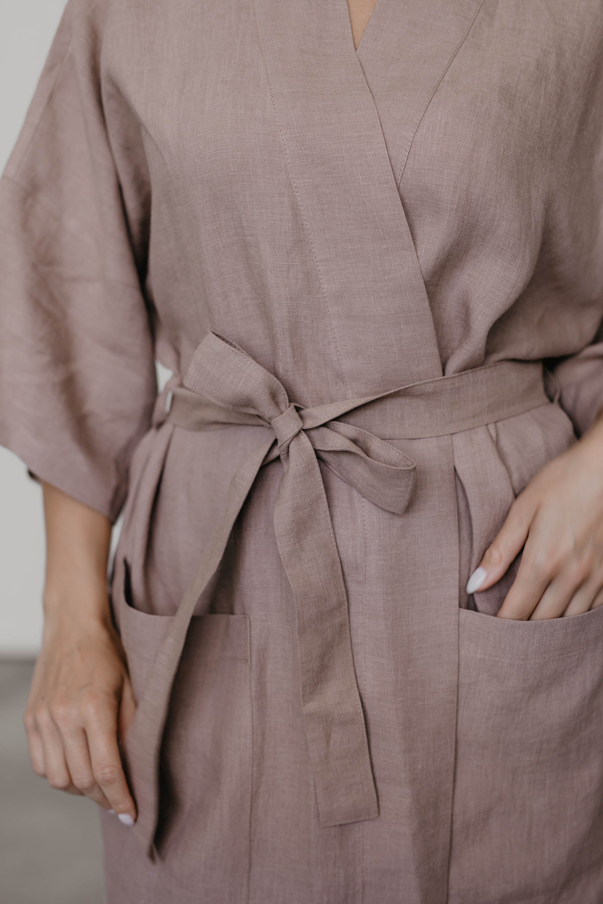 Close Up Of Dusty Rose Linen Bathrobe