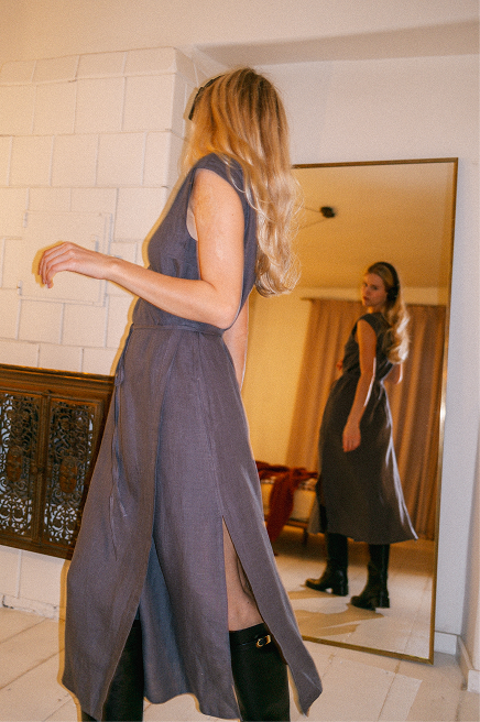 Aurora mid length linen dress in Charcoal