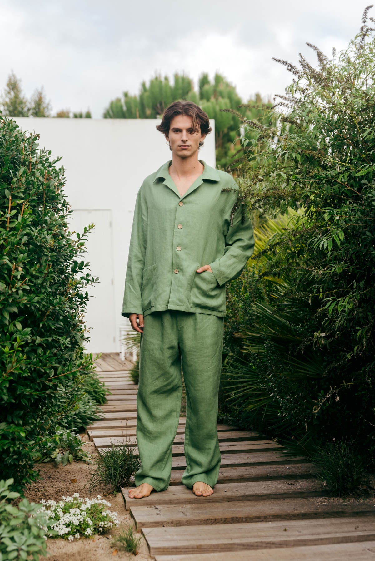 Oliver linen loungewear set in Matcha Green
