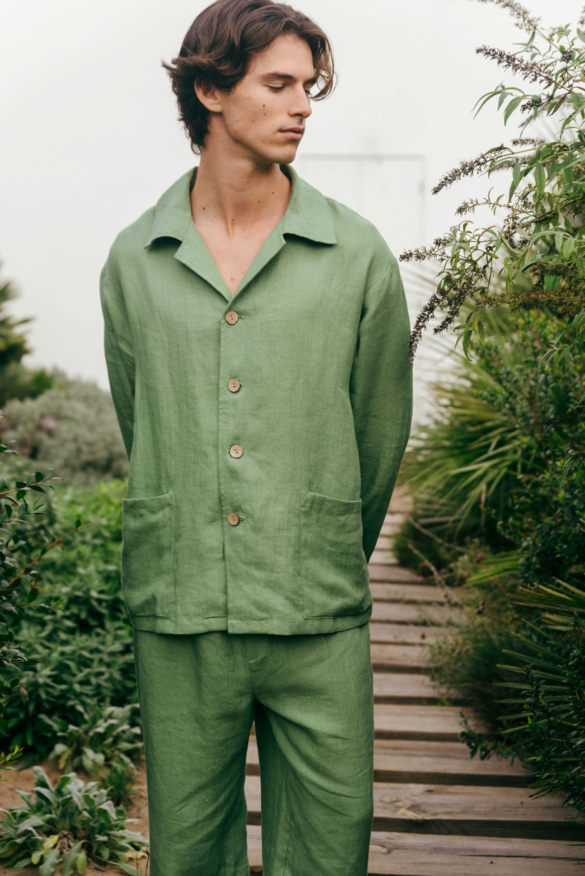 Oliver linen loungewear set in Matcha Green