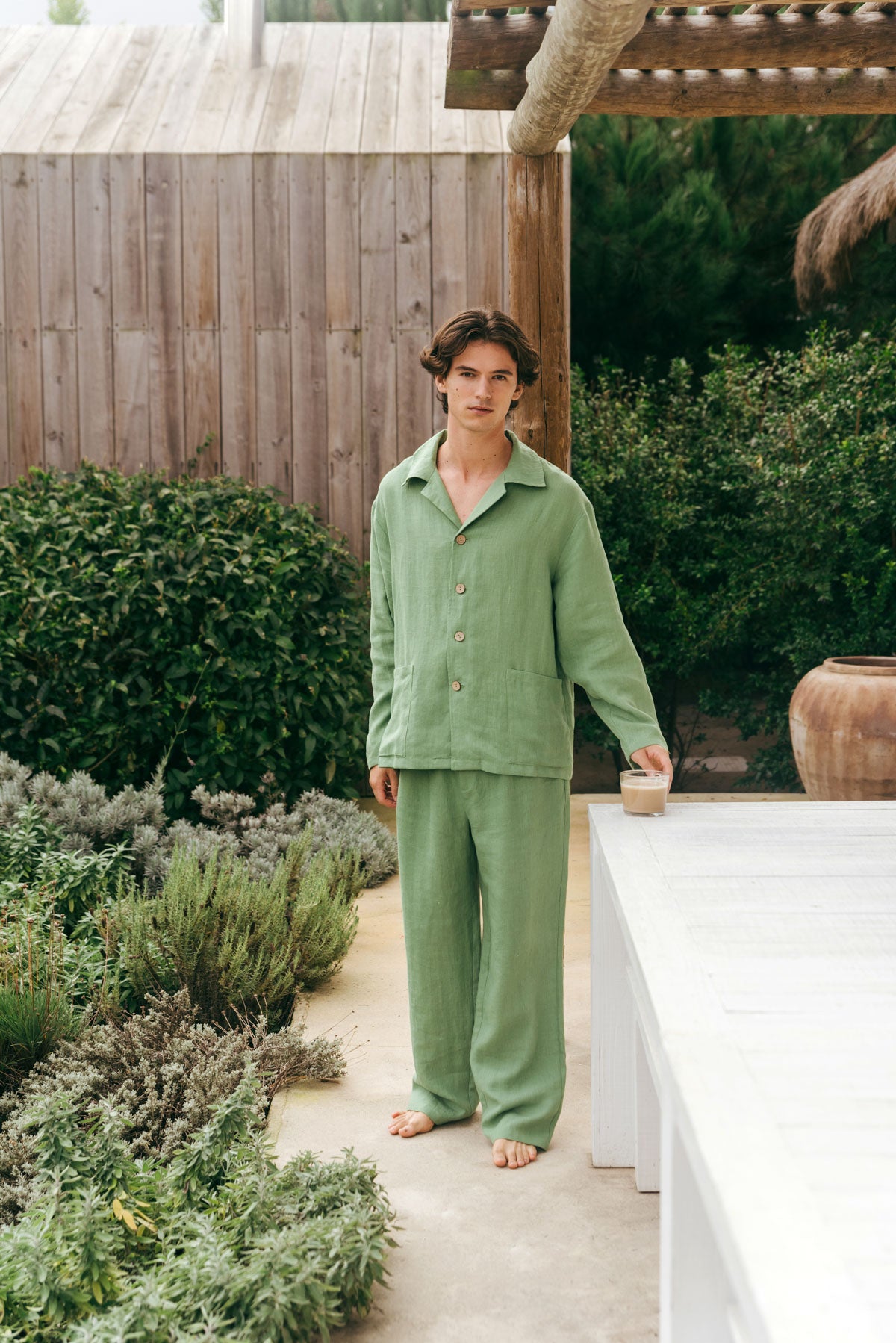 Oliver linen loungewear set in Matcha Green