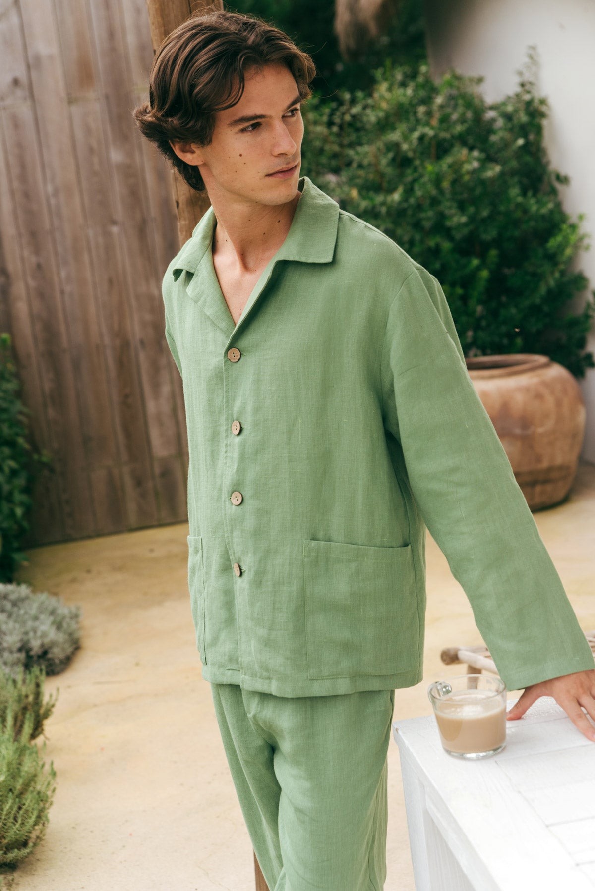 Oliver linen loungewear set in Matcha Green