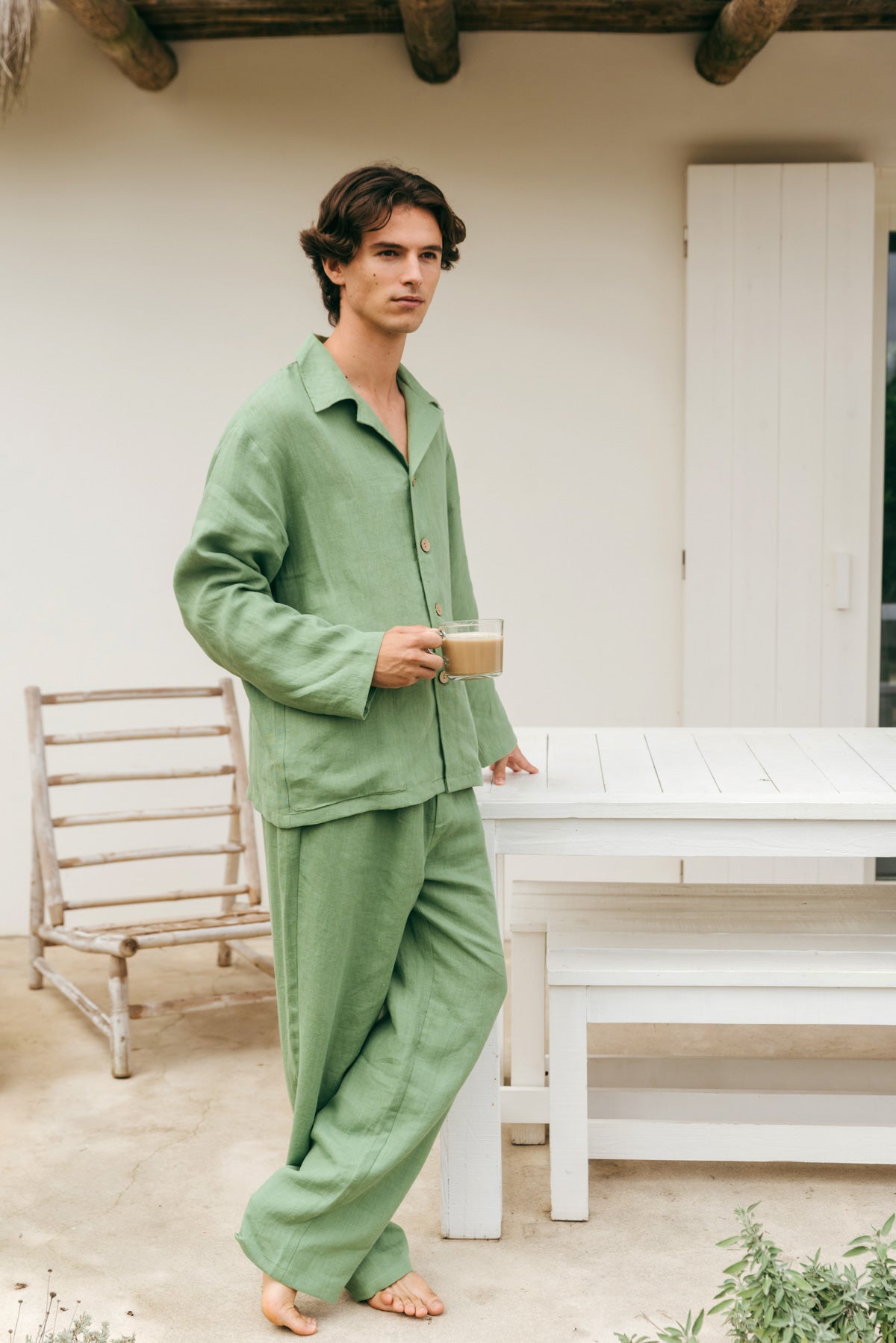 Oliver linen loungewear set in Matcha Green