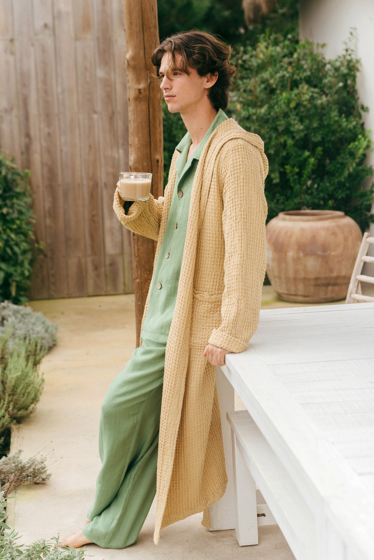 Men's linen waffle bathrobe in Mustard