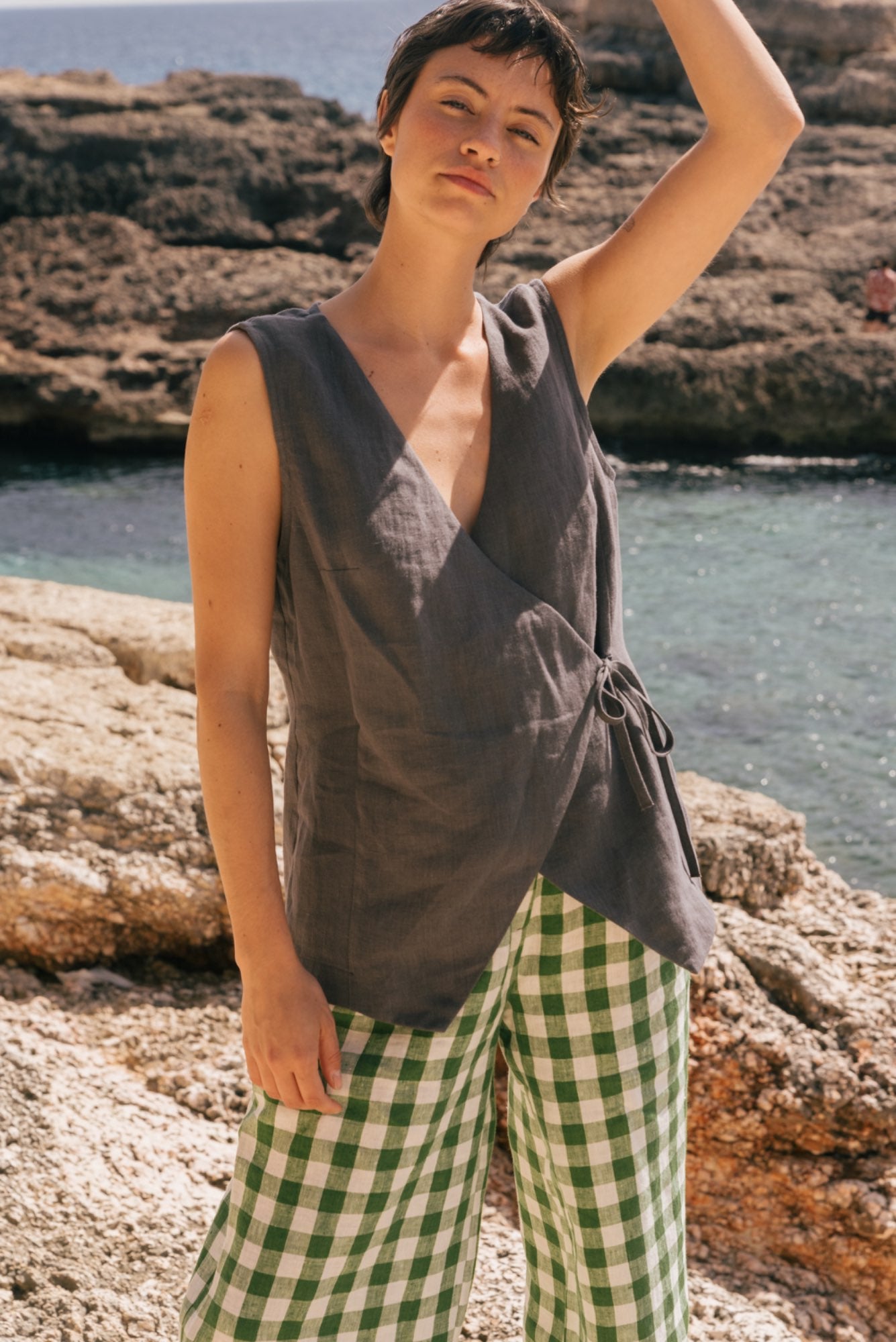 Blanca sleeveless linen wrap top in Charcoal