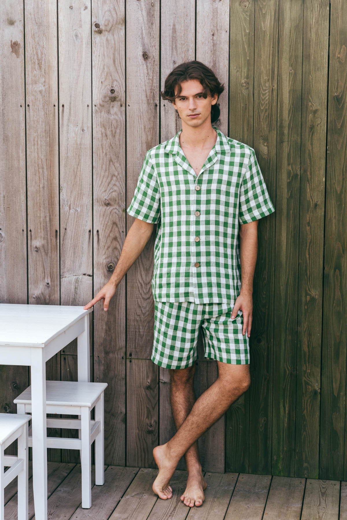 Aspen linen loungewear set in Green Gingham