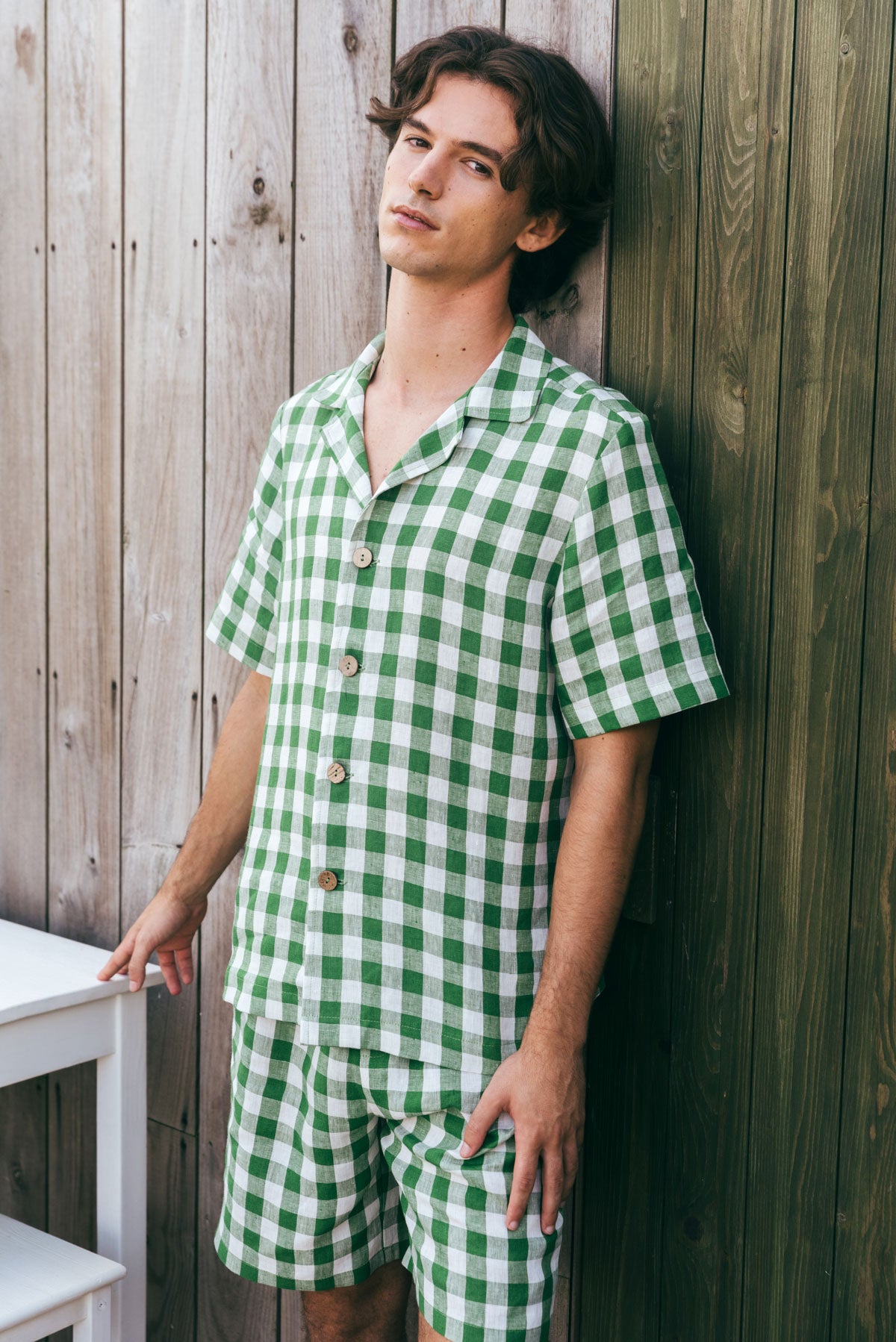 Aspen linen loungewear set in Green Gingham