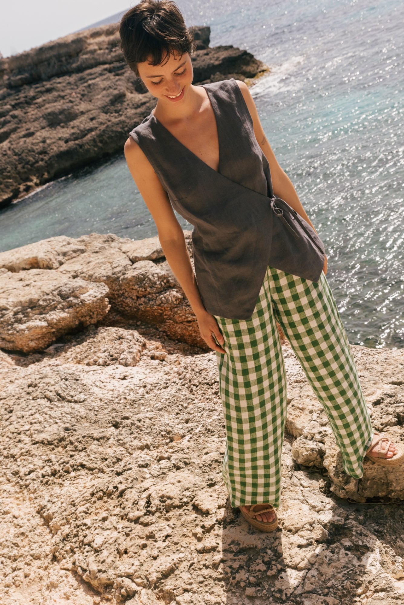 Blanca sleeveless linen wrap top in Charcoal