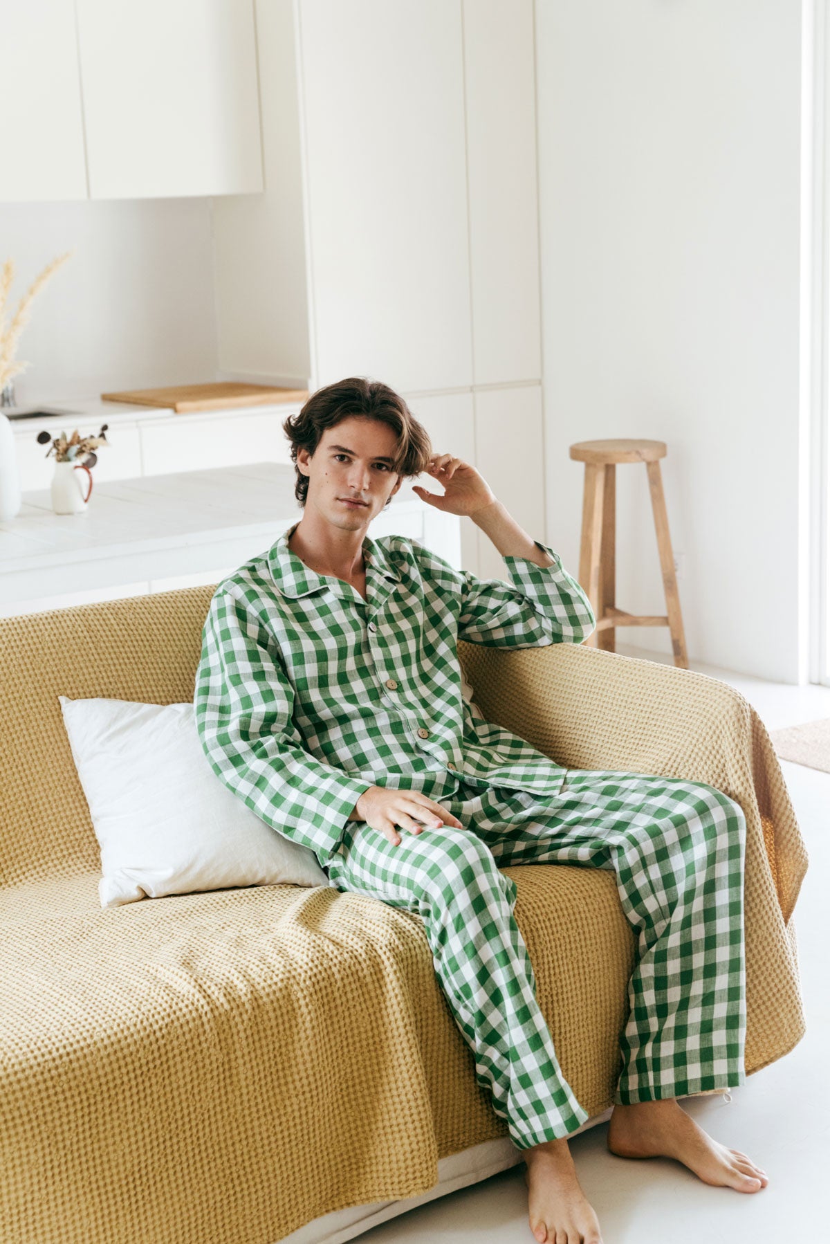 Harry linen pajama set in Green Gingham