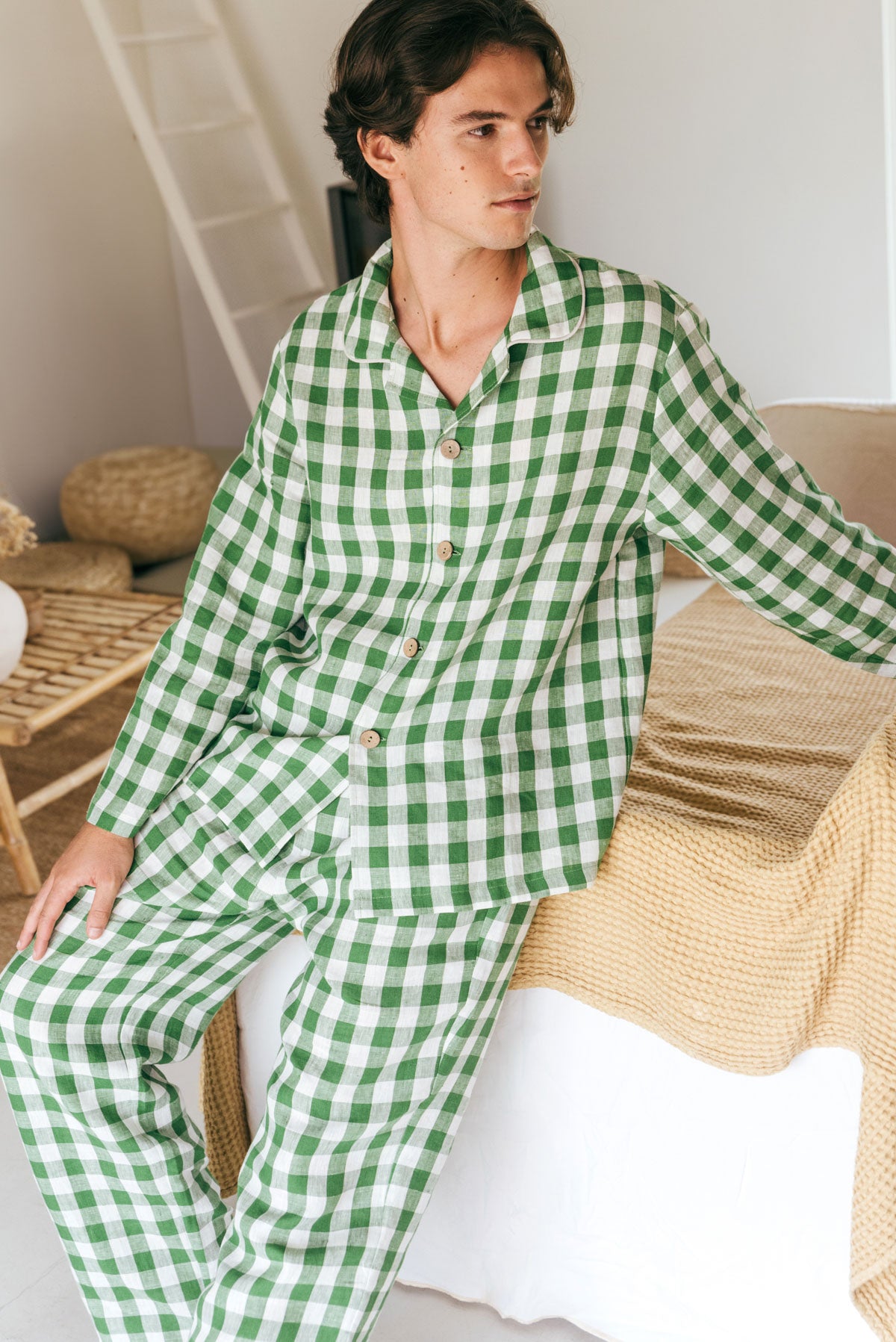 Harry linen pajama set in Green Gingham