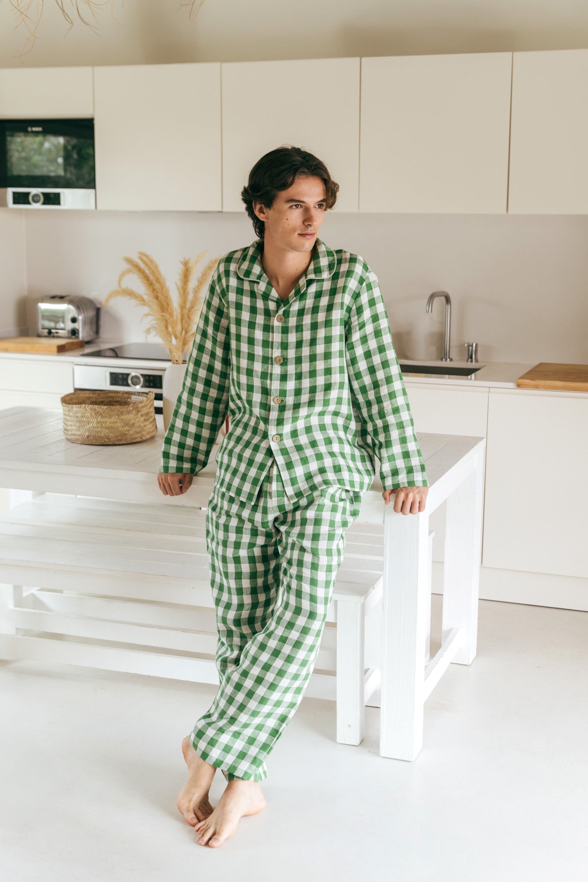 Harry linen pajama set in Green Gingham