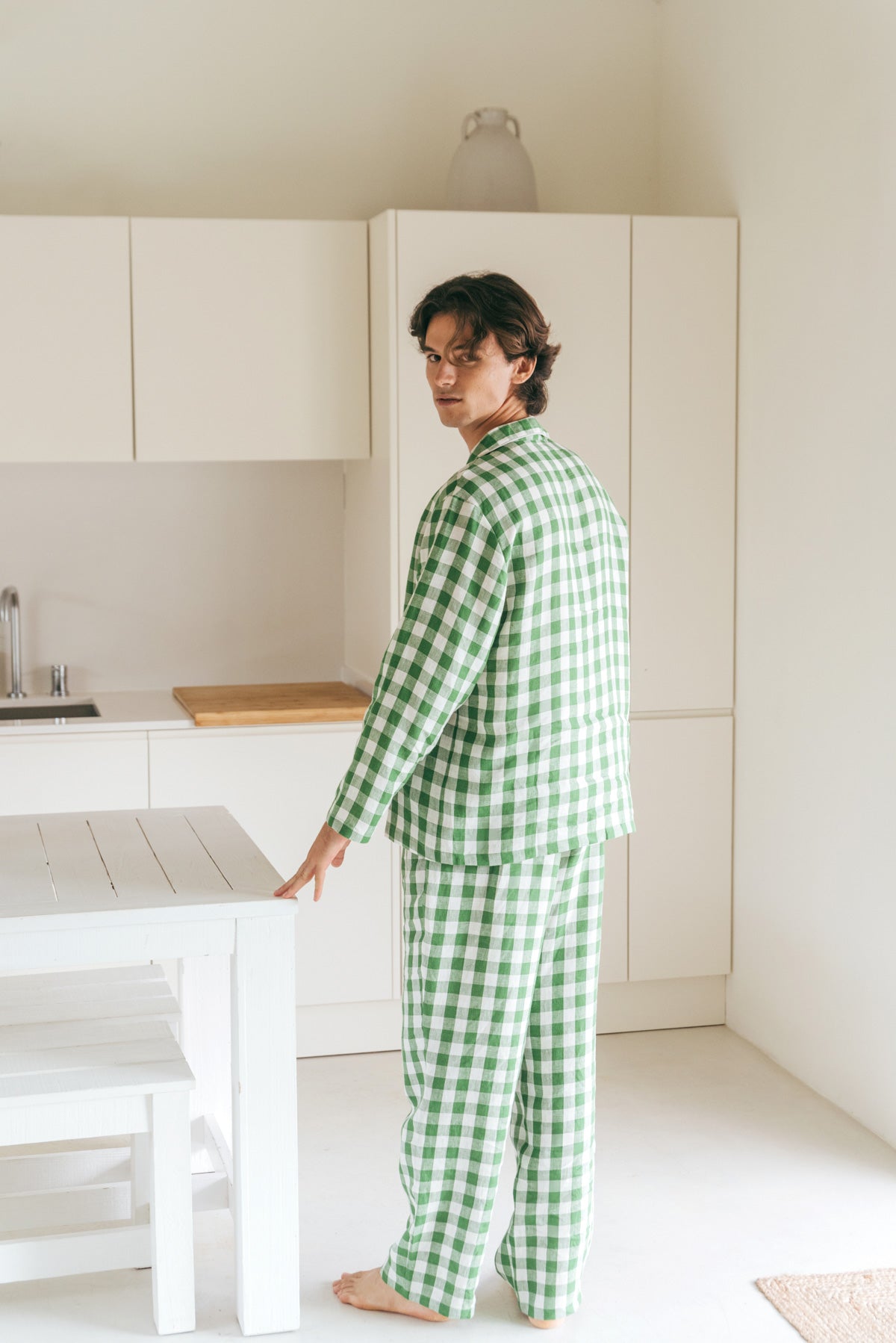 Harry linen pajama set in Green Gingham