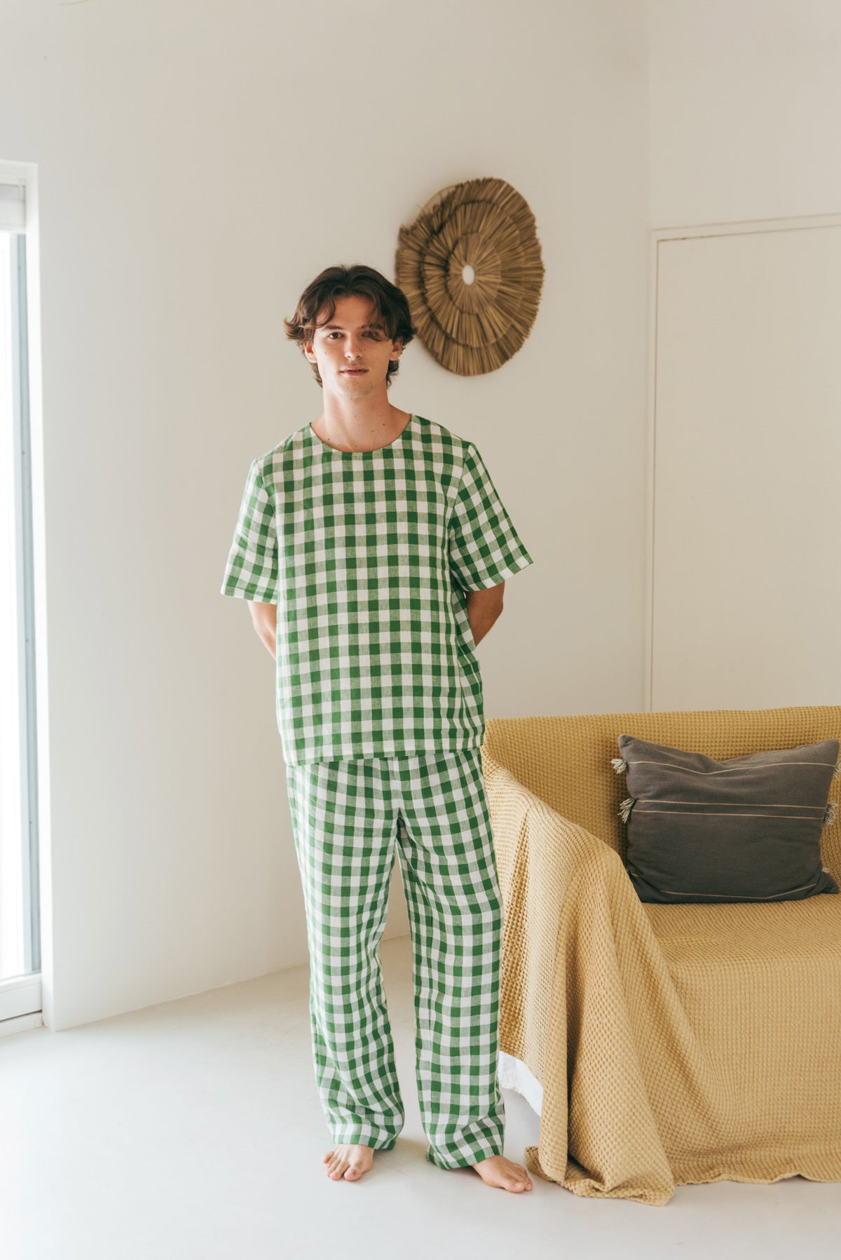 Leo linen pajama set in Green Gingham