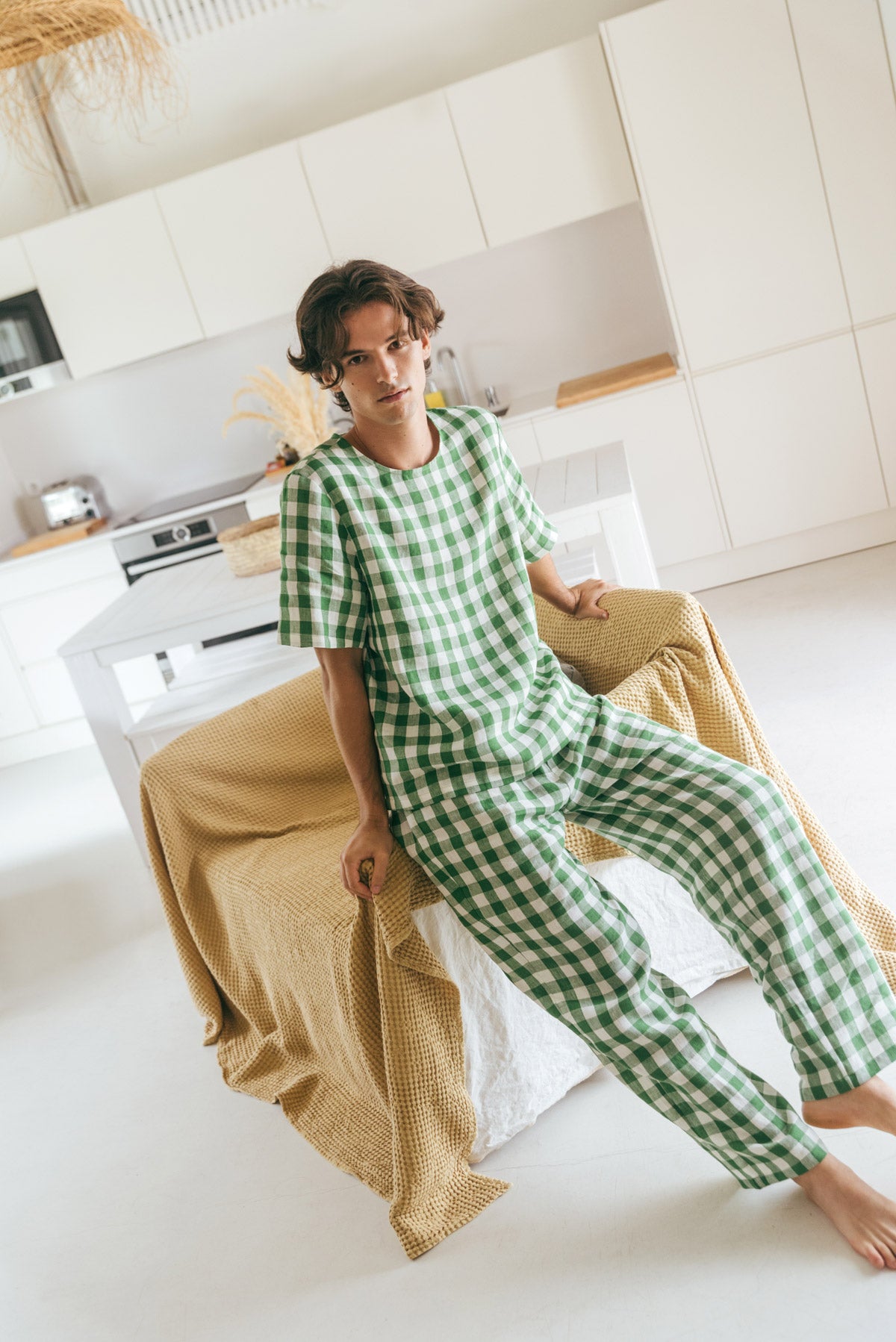 Leo linen pajama set in Green Gingham