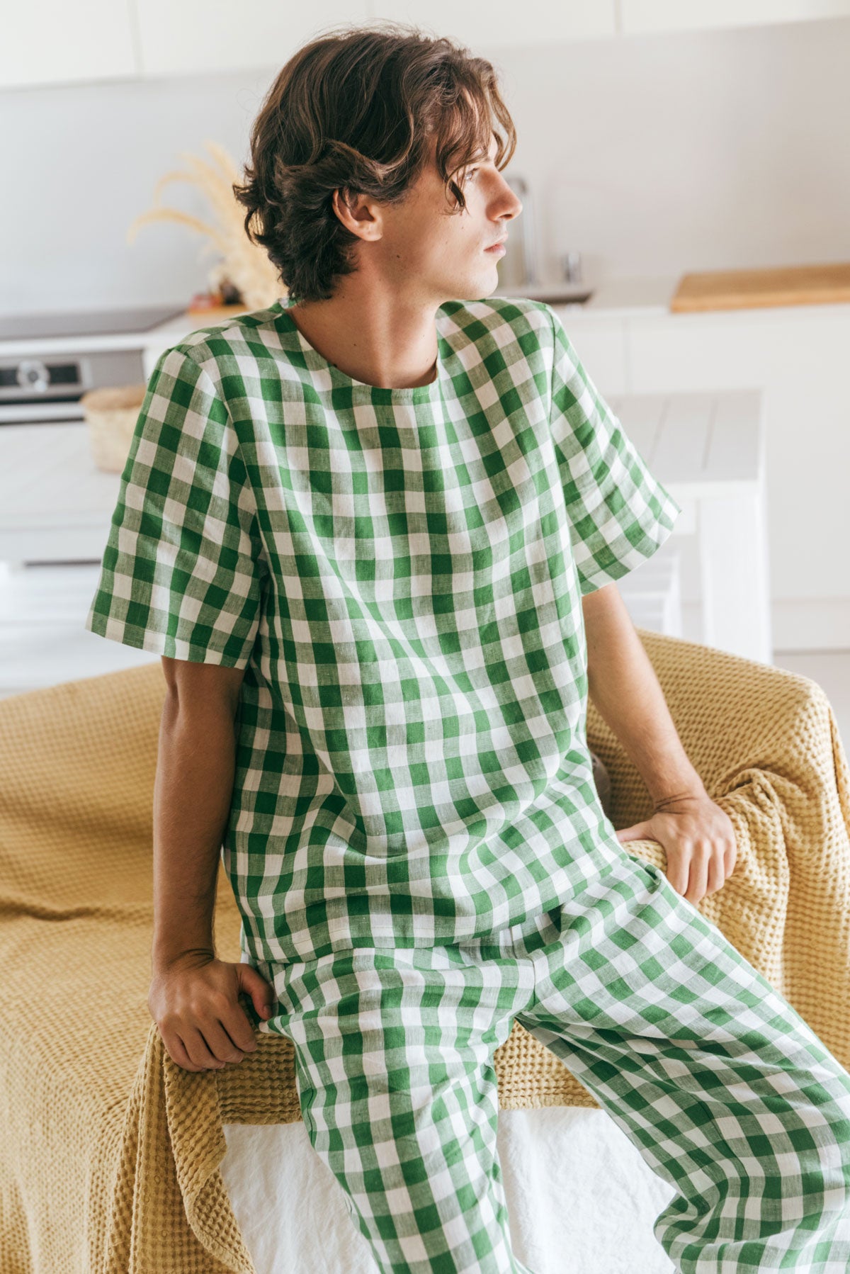 Leo linen pajama set in Green Gingham