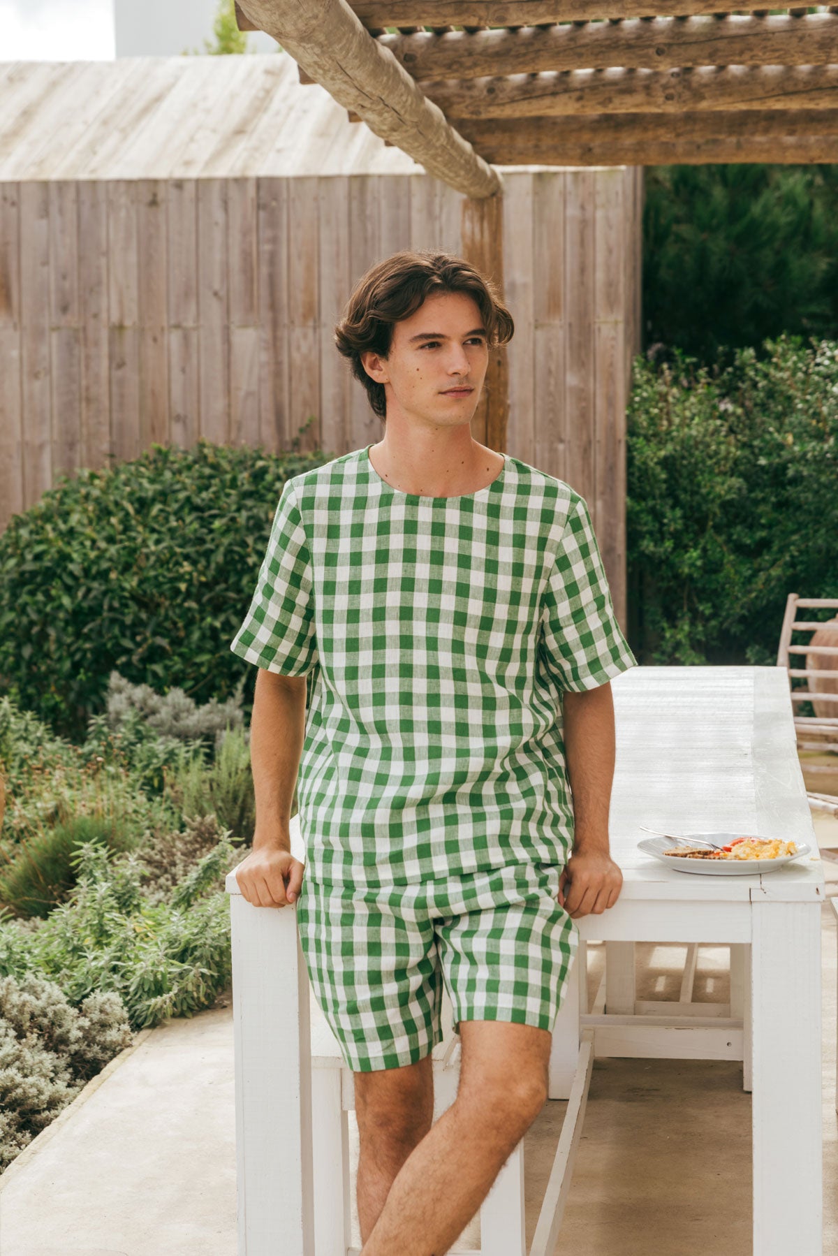 Billy linen pajama set in Green Gingham