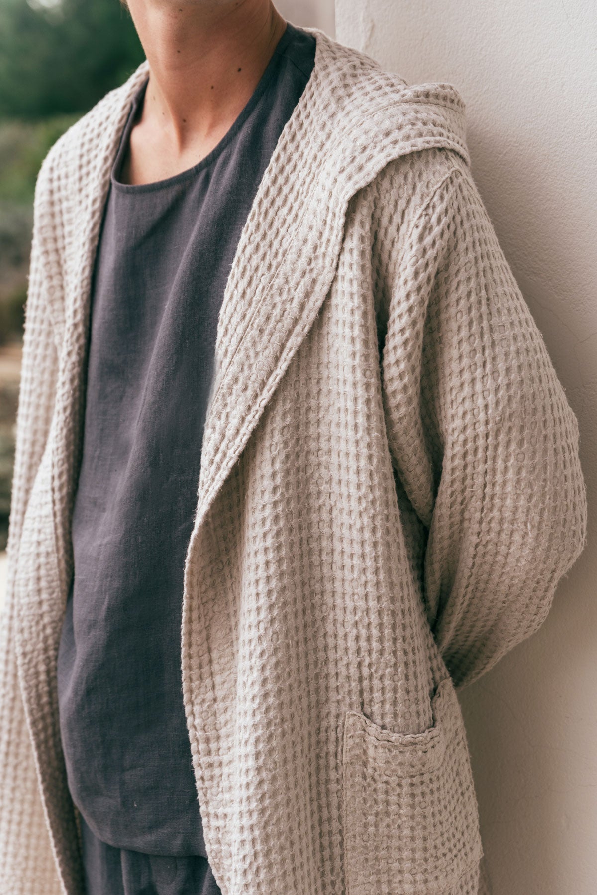 Men's linen waffle bathrobe in Cream