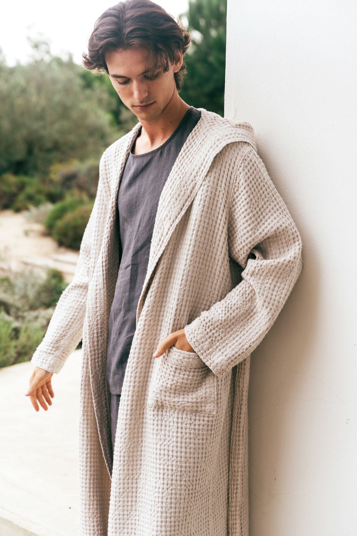 Men's linen waffle bathrobe in Cream