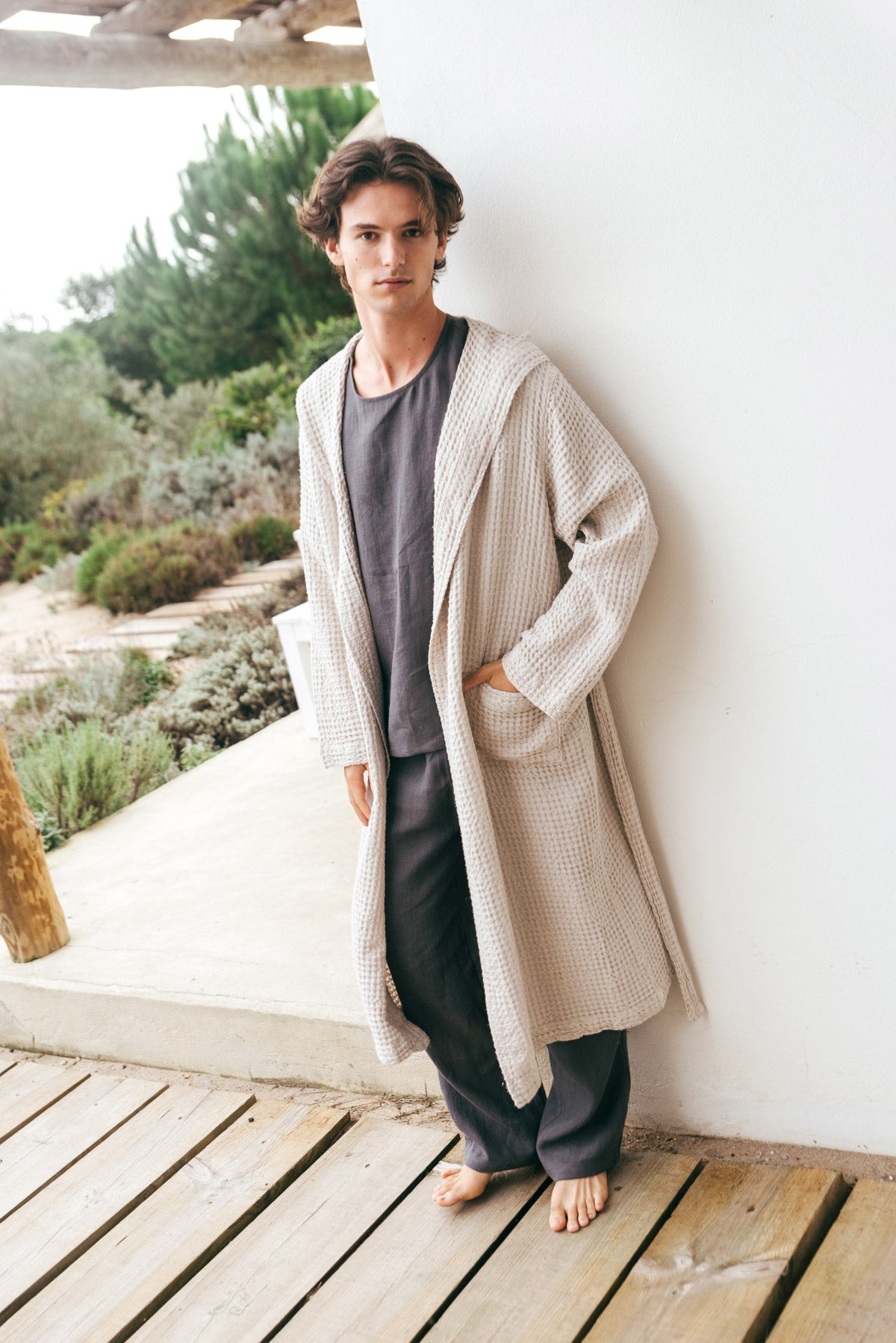 Men's linen waffle bathrobe in Cream