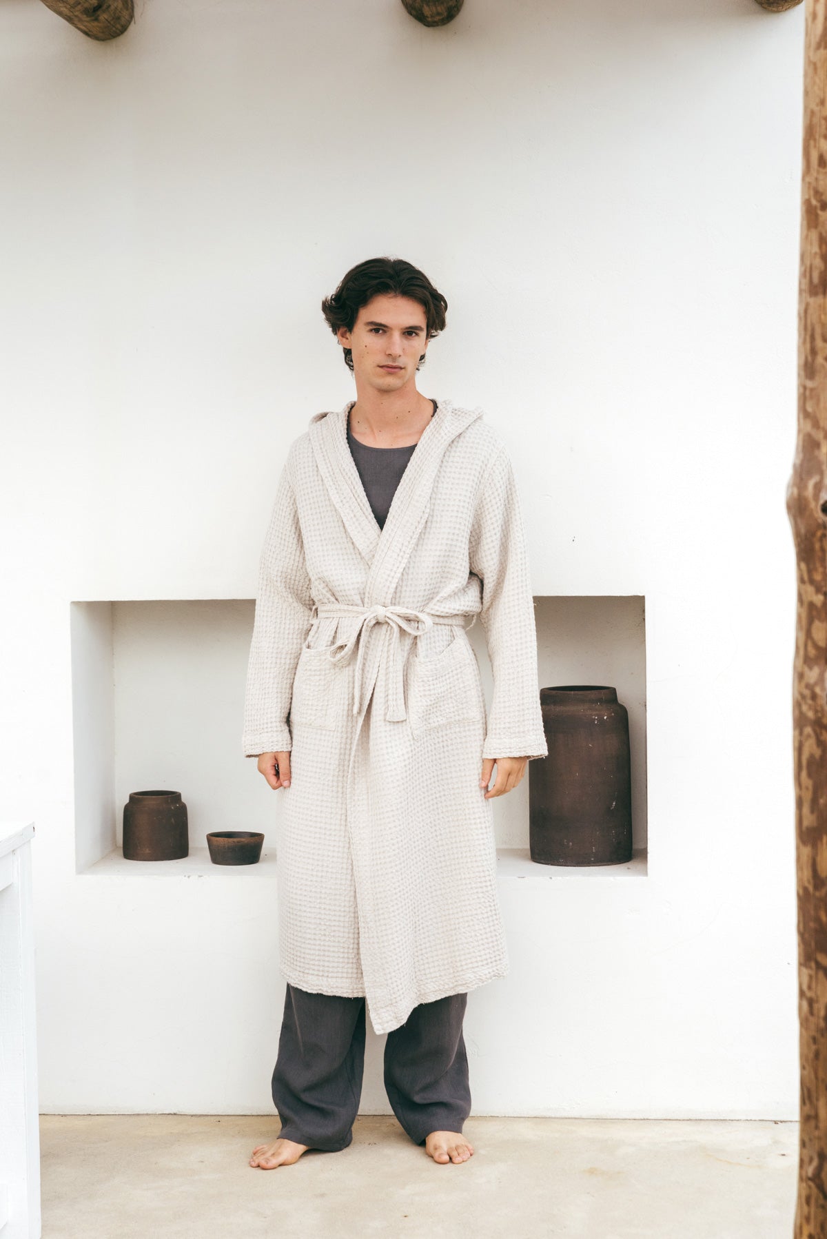 Men's linen waffle bathrobe in Cream