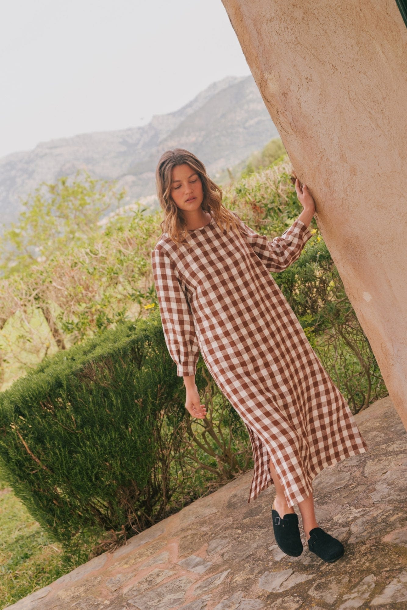 AmourLinen Linen dress L / Mocha Gingham Amalia long-length linen dress L Mocha Gingham Amalia long-length linen dress L Mocha Gingham