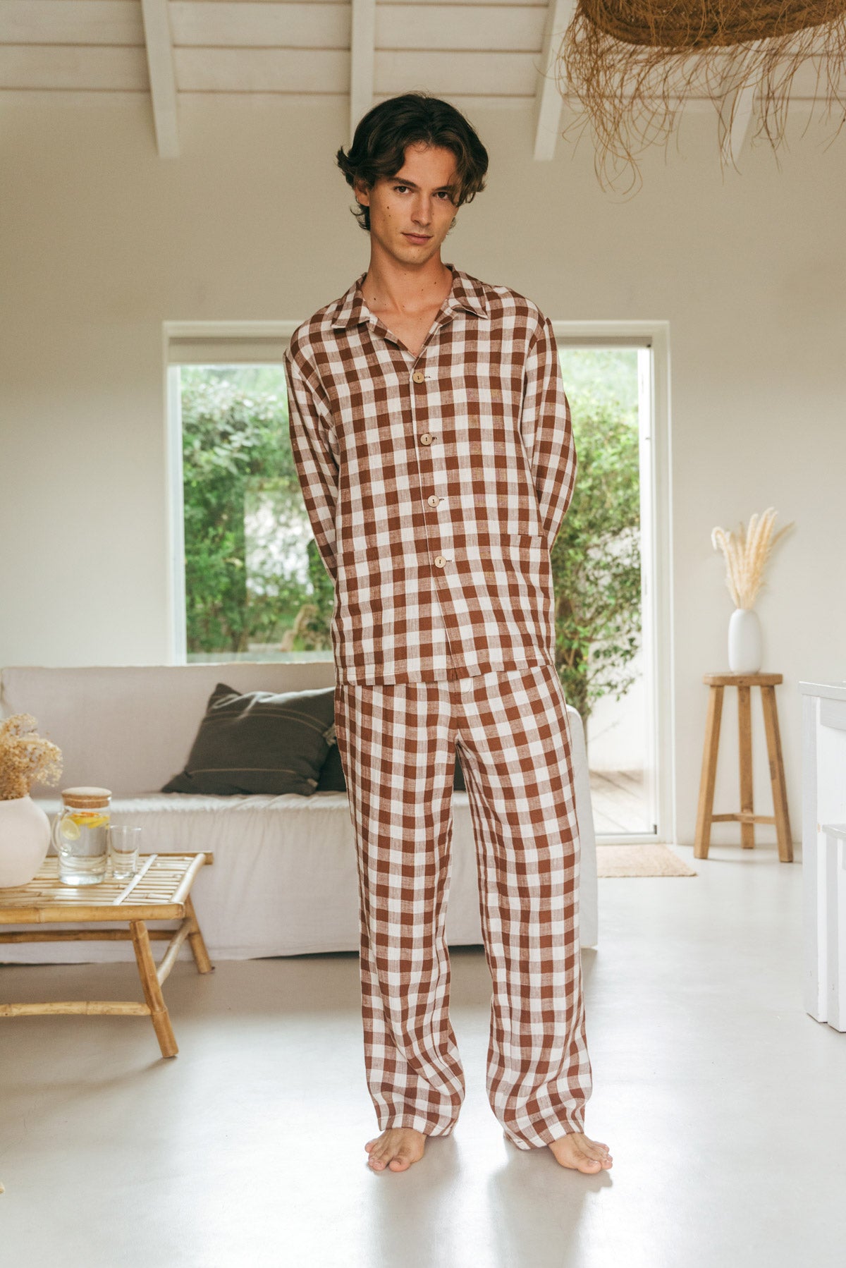 Oliver linen loungewear set in Mocha Gingham