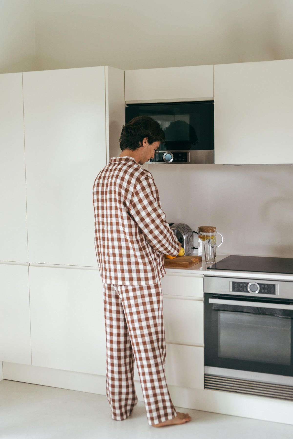 Oliver linen loungewear set in Mocha Gingham