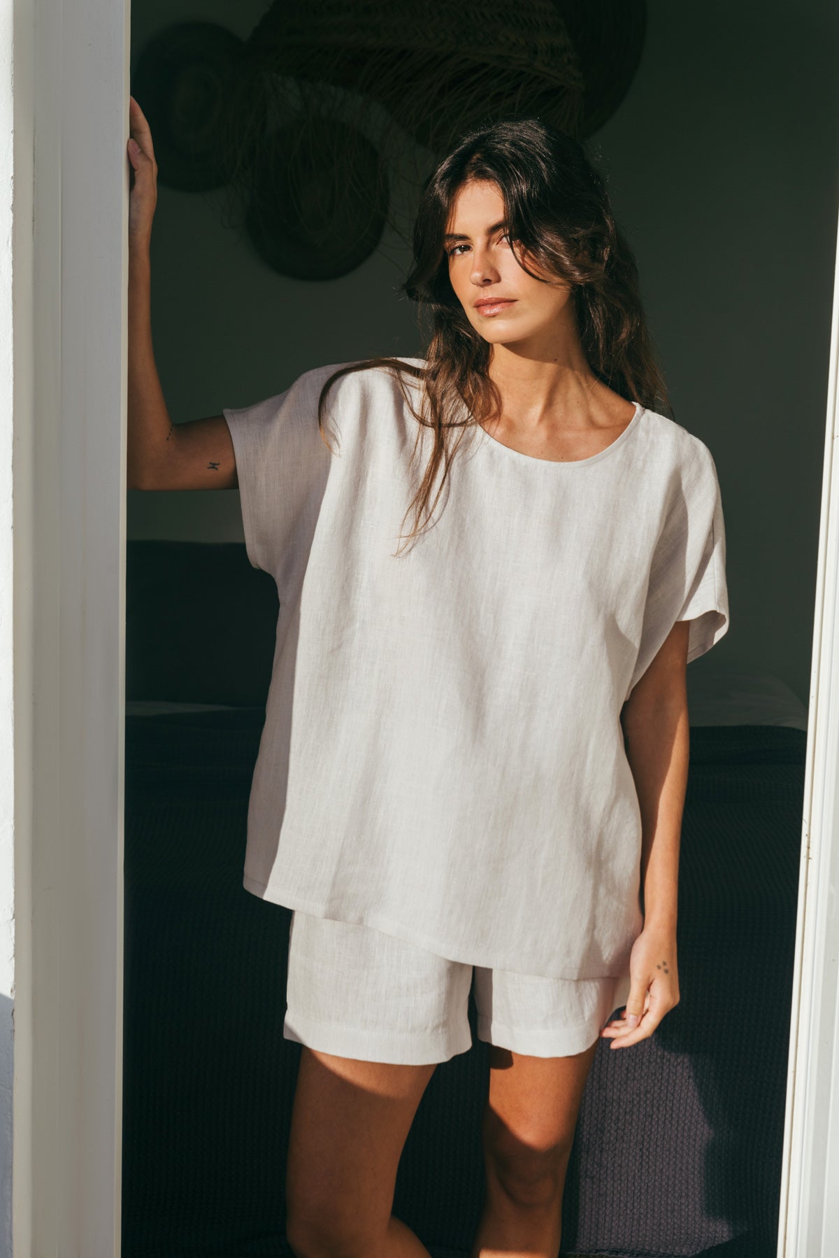Cloud Nine short sleeve linen pajama set in Cream