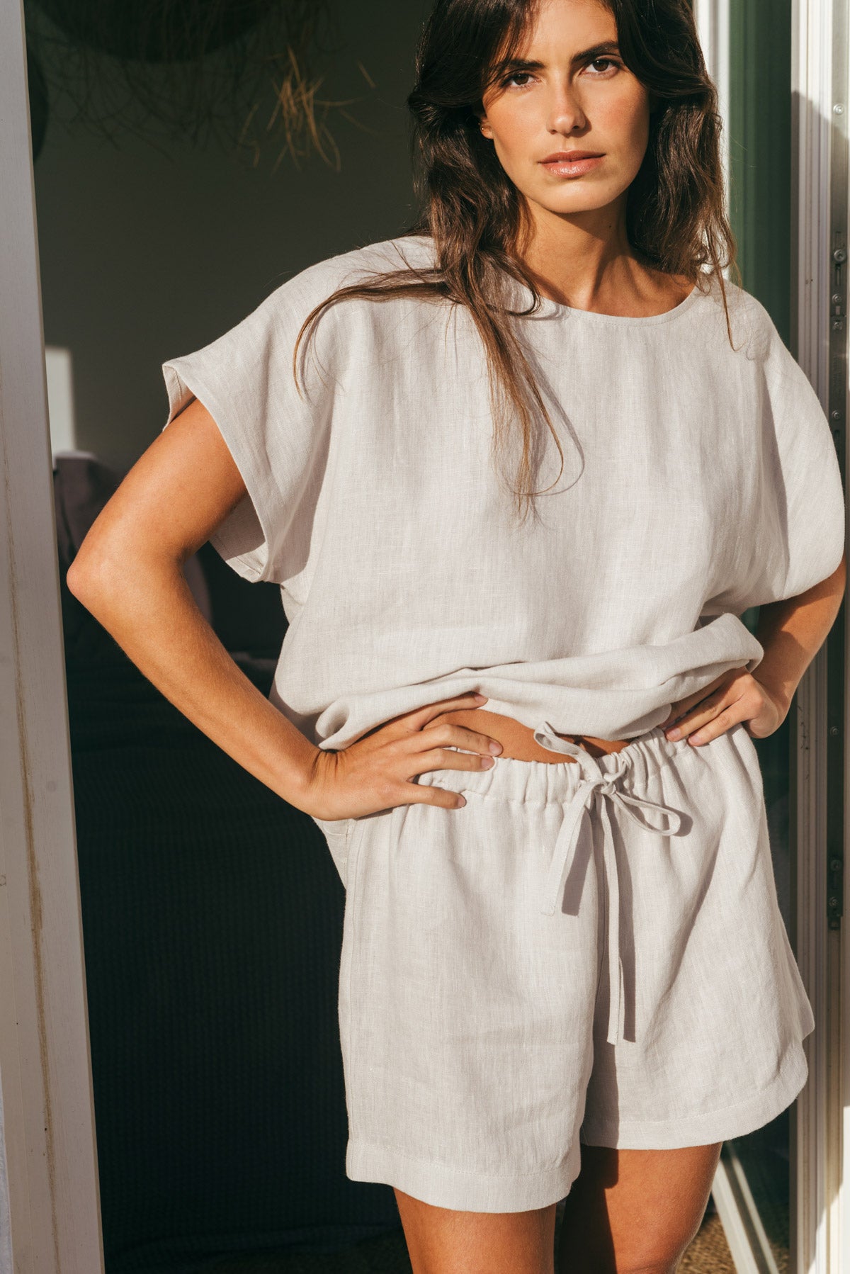 Cloud Nine short sleeve linen pajama set in Cream